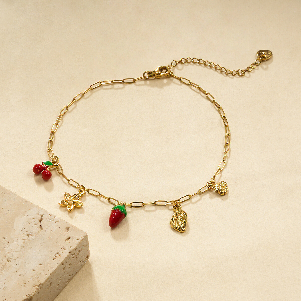 Wholesaler Eclat Paris - Ankle chain 5 Strawberry and cherry charms