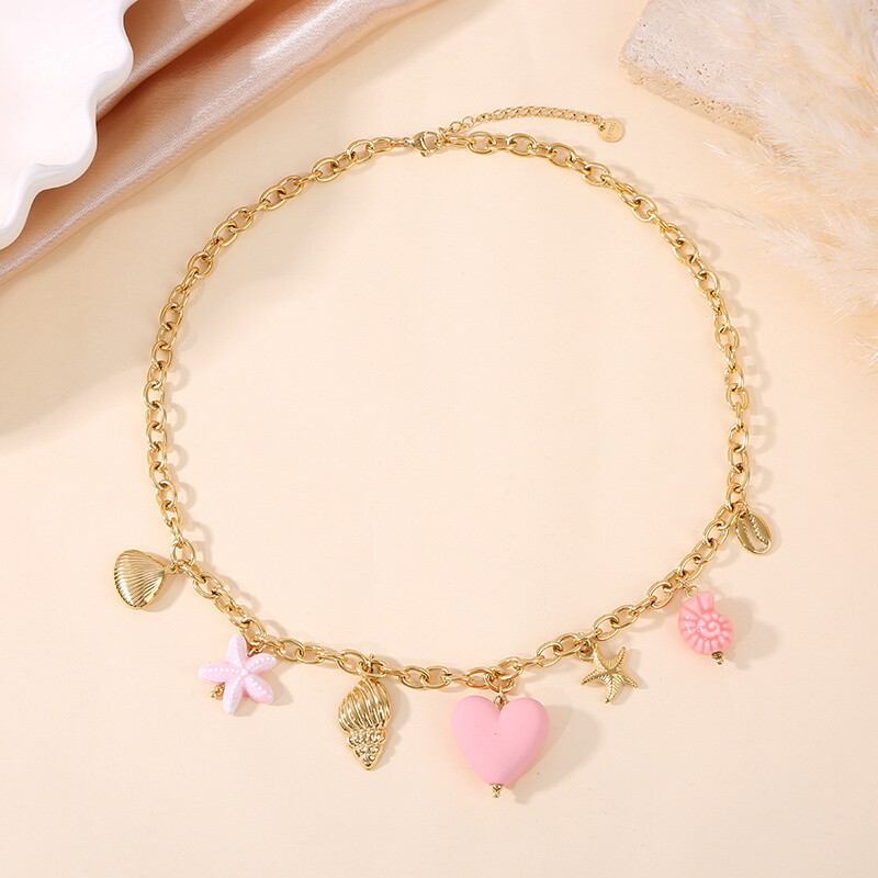 Wholesaler Eclat Paris - Golden necklace charms colorful pink sea