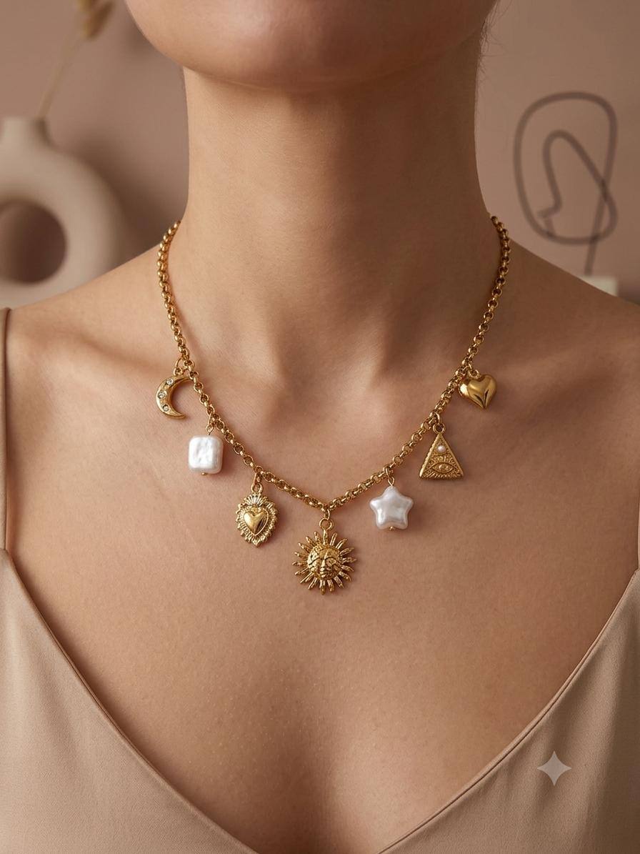 Grossiste Eclat Paris - Collier doré breloques célestes et médaillons