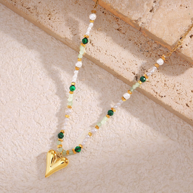 Wholesaler Eclat Paris - Golden chain necklace Pendant Heart Green Stones