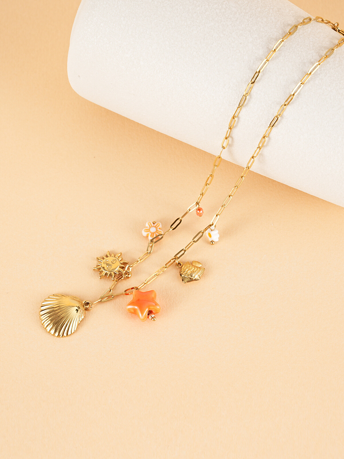 Wholesaler Eclat Paris - Golden chain necklace orange sea charm