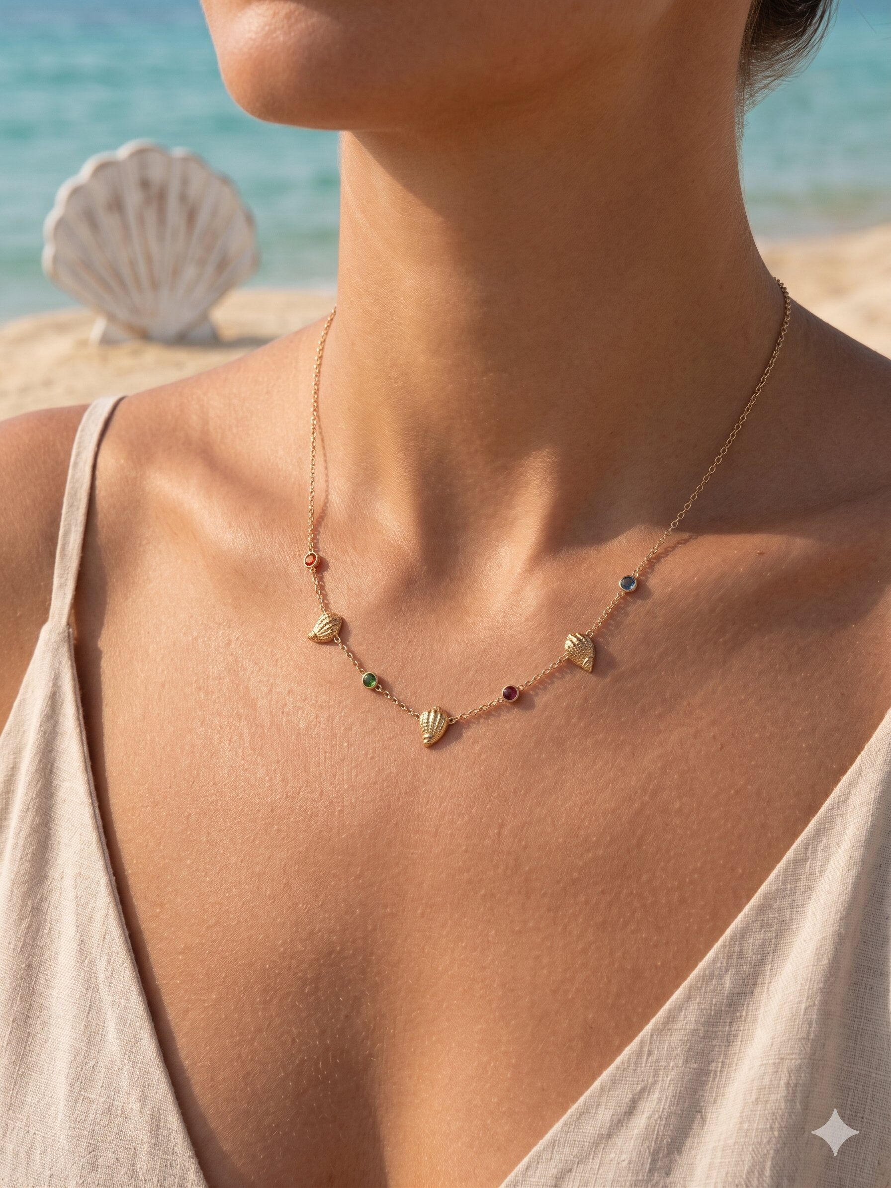 Wholesaler Eclat Paris - Gold necklace with seashells and colorful crystals