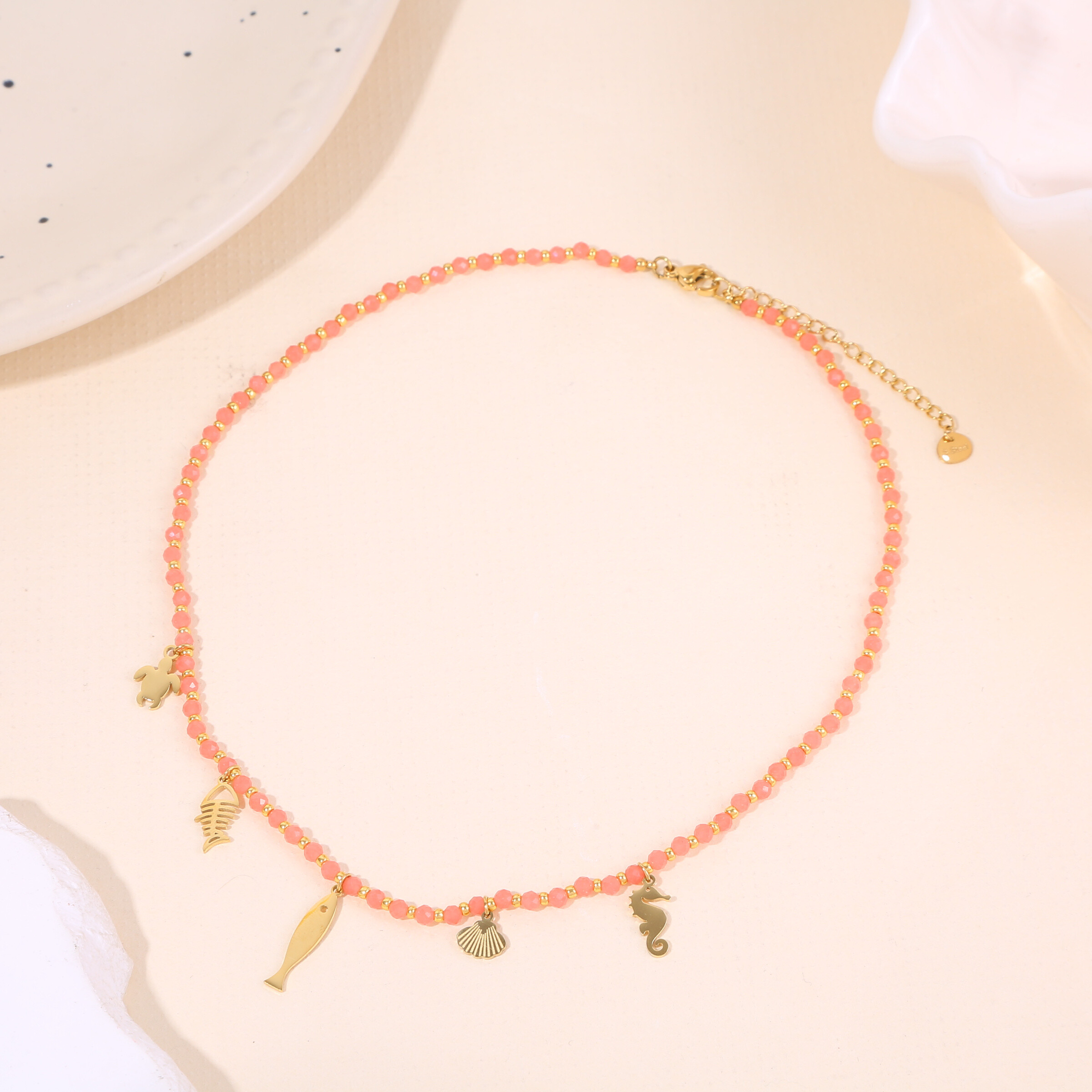 Wholesaler Eclat Paris - Rose stones chain necklace ocean theme charms