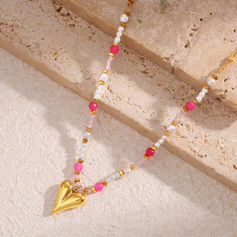 Wholesaler Eclat Paris - Golden chain necklace pendant heart pink stones