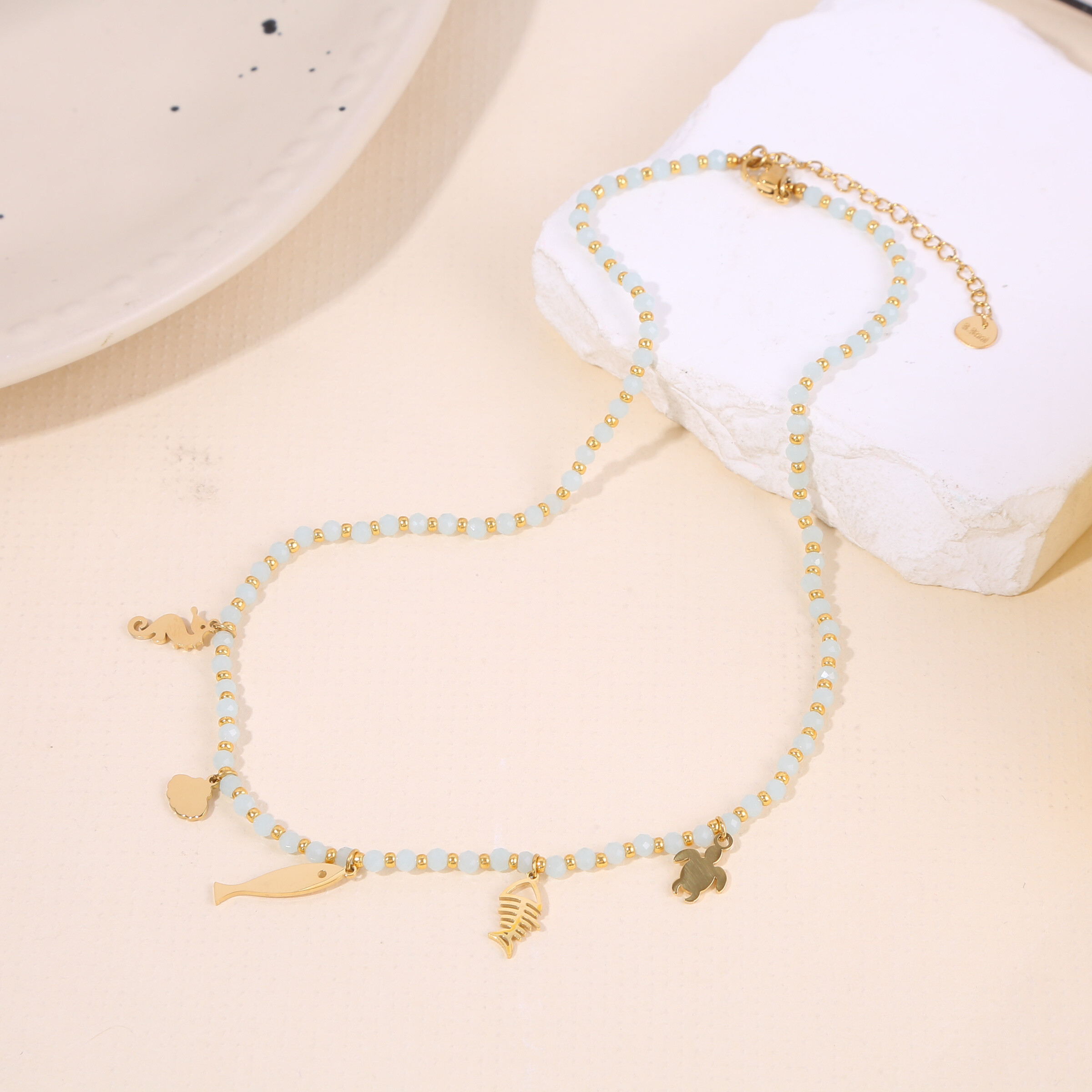 Wholesaler Eclat Paris - Blue stones chain necklace ocean theme charms