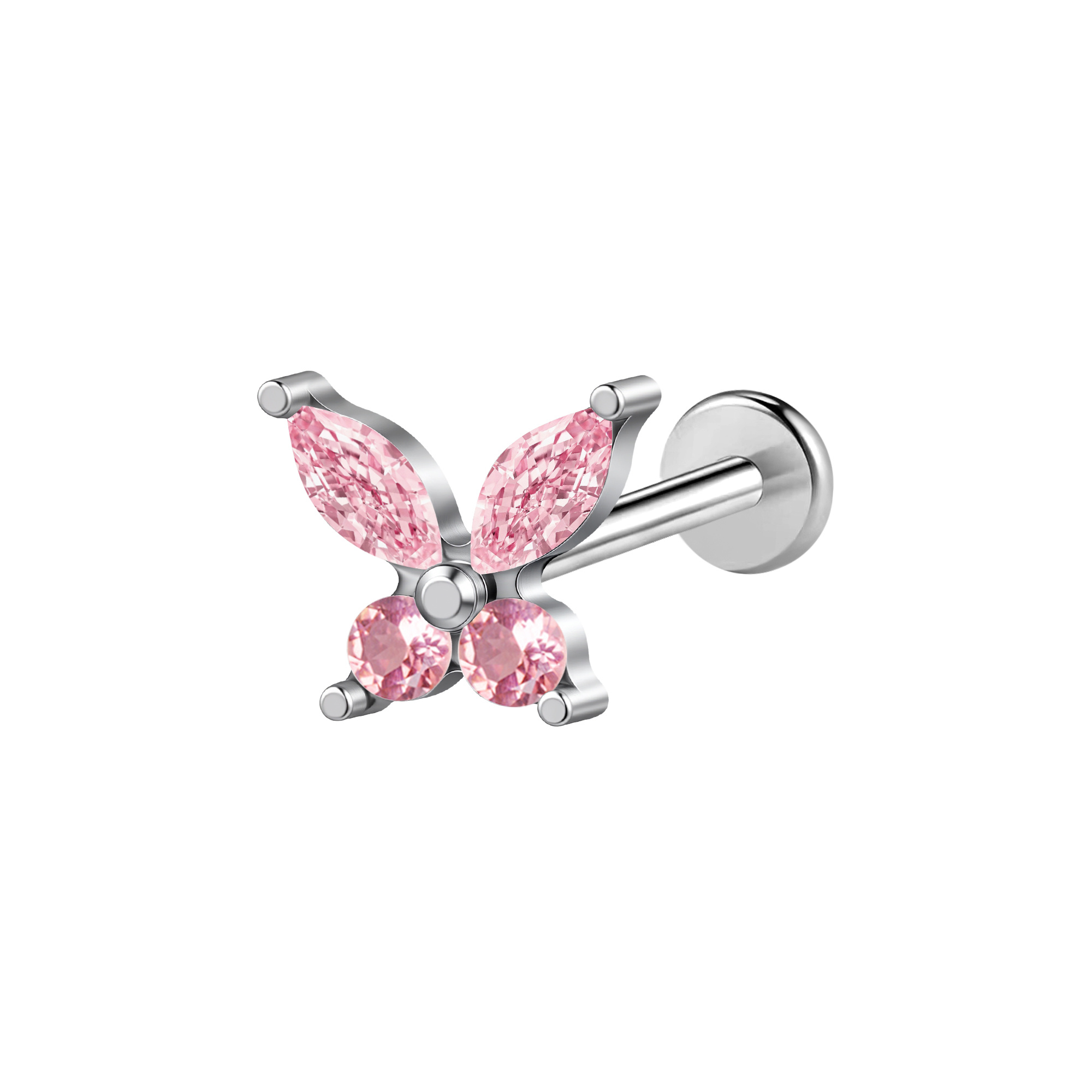 Großhändler Eclat Paris - Silberner Schmetterlingspiercing mit rosa Strasssteinen aus Titan