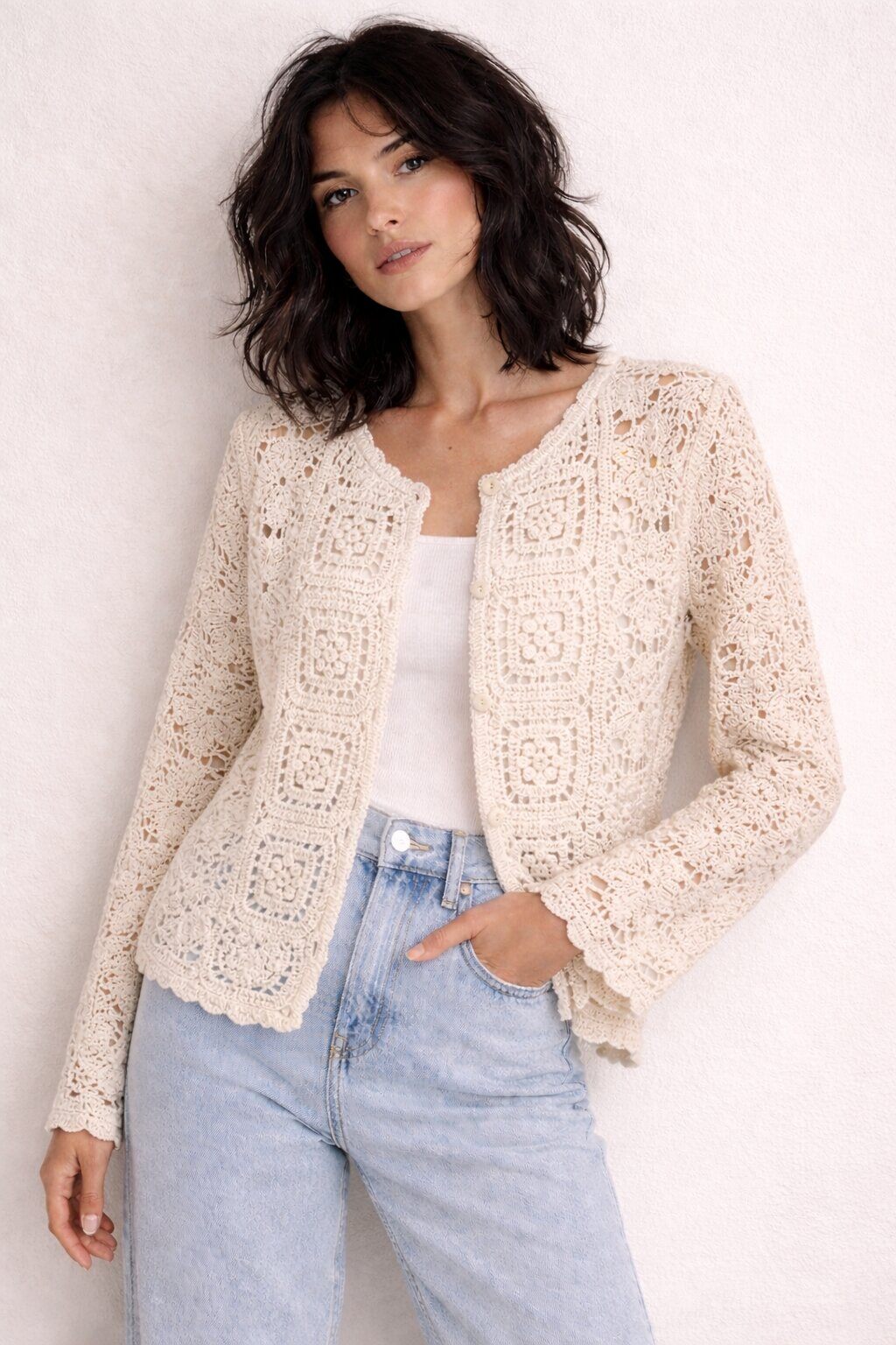 Wholesaler ECRU by Luni - Women's openwork crochet cardigan