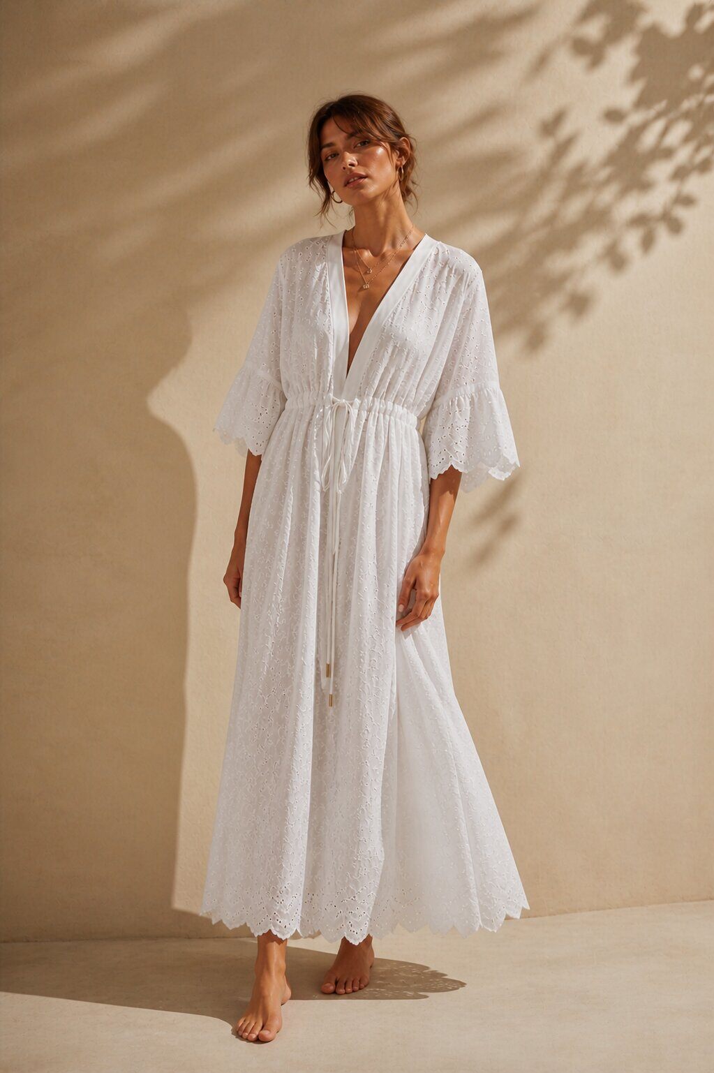 Mayorista ECRU by Luni - Kimono Largo de Bordado Inglés - Luz Mediterránea