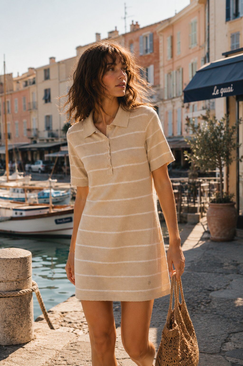 Großhändler ECRU by Luni - Taupe Riviera Gestreiftes Polo-Kleid