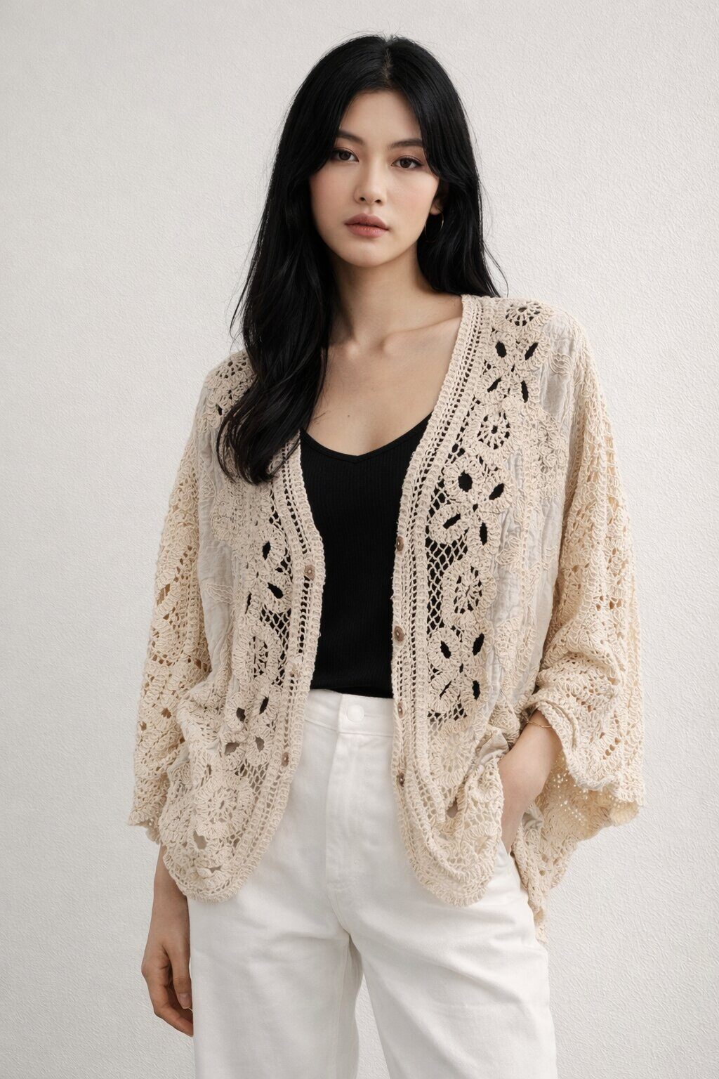 Wholesaler ECRU by Luni - Crochet Mix Fabric Cardigan