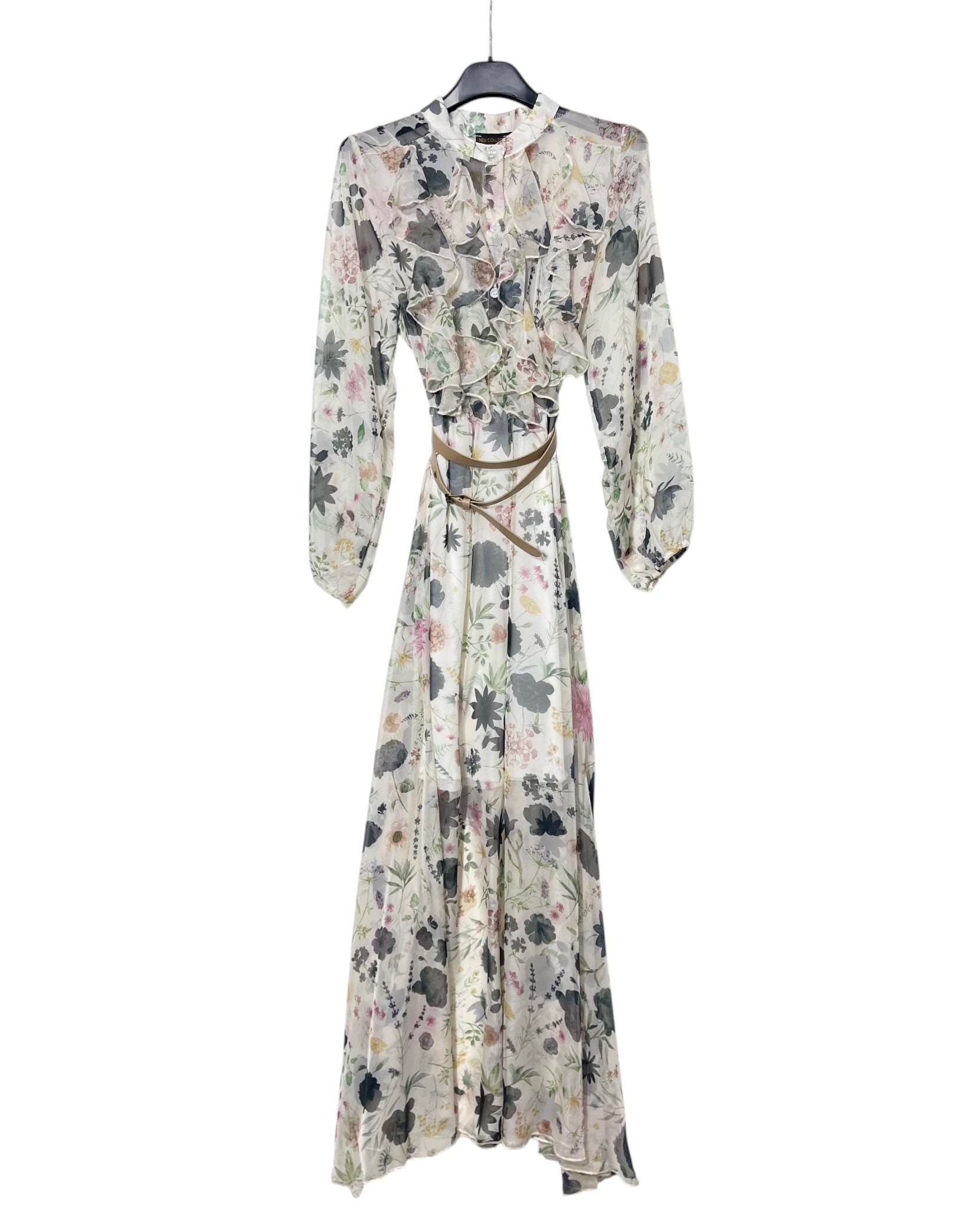 Mayorista Elegance - Vestido camisero efecto seda con volantes frontales florales, forrado por dentro