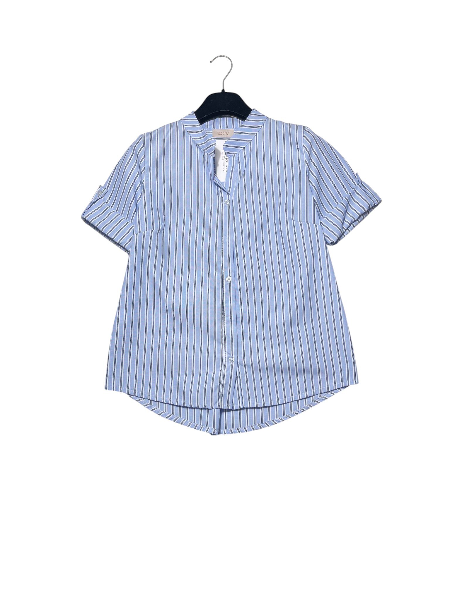 Mayorista Elegance - Camisa de rayas con cuello mao y mangas cortas