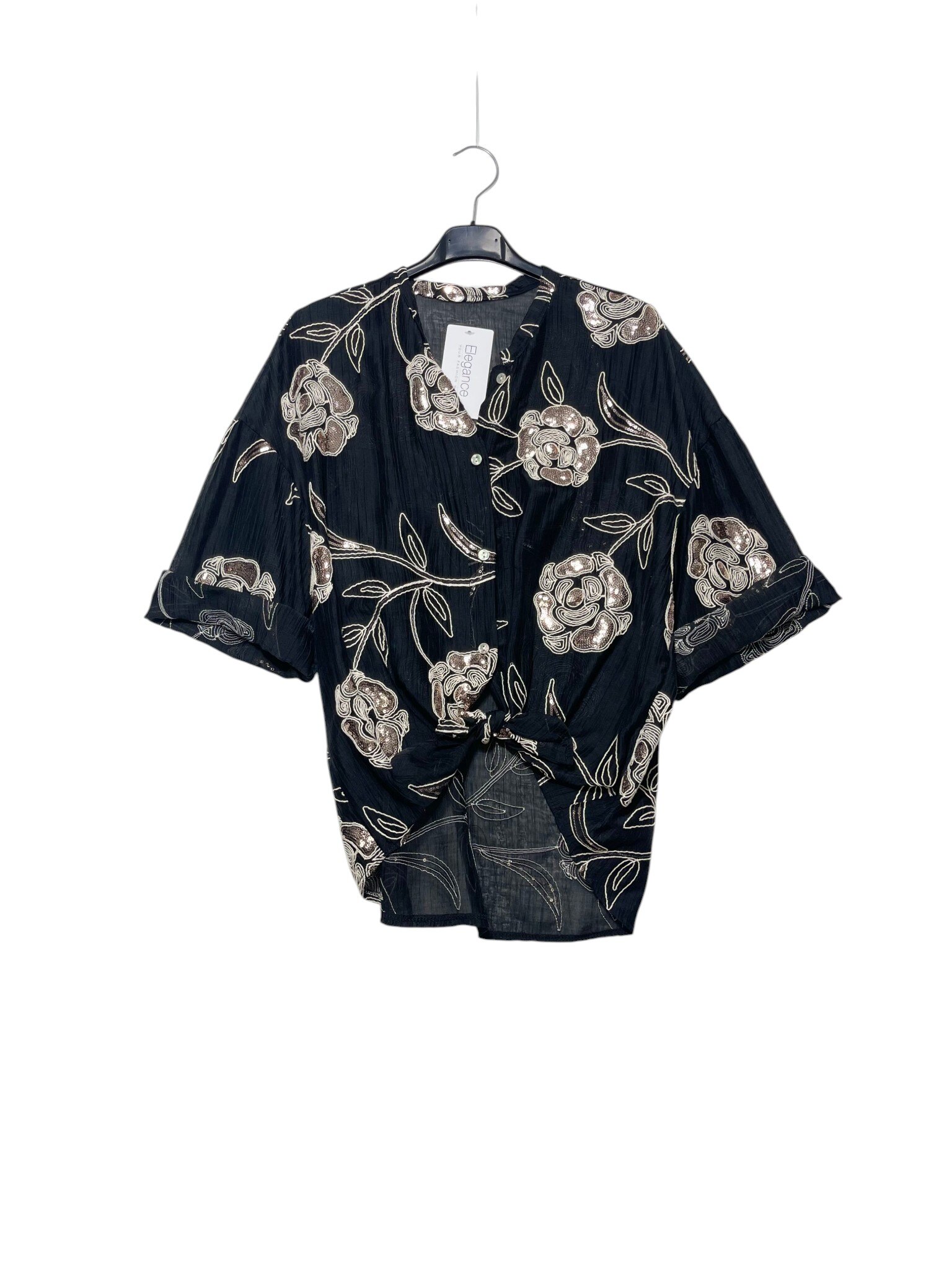 Mayorista Elegance - Camisa con cuello mao y bordados florales de lurex