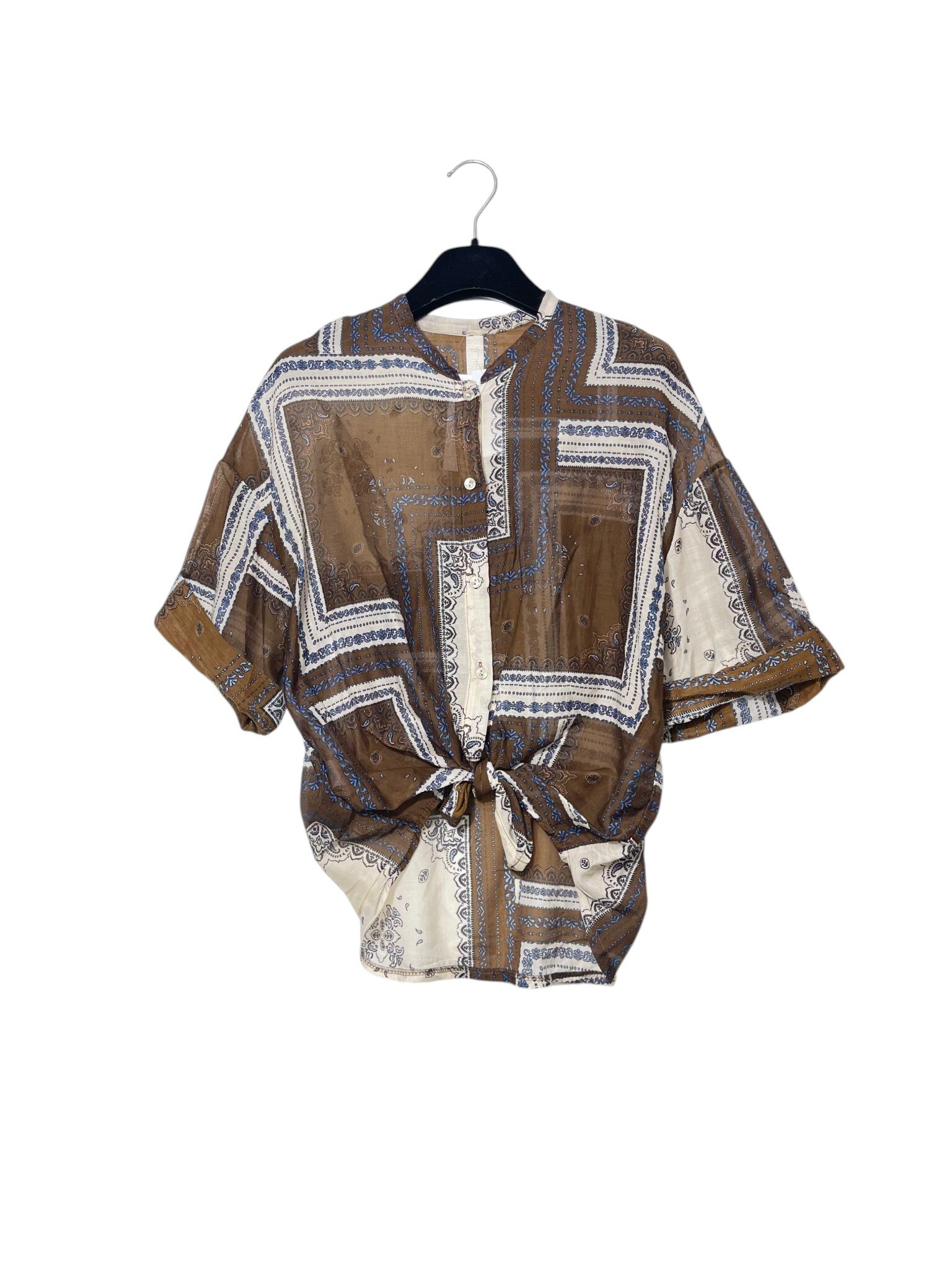 Mayorista Elegance - Camisa de mezcla de seda con cuello mao y estampado de bandana