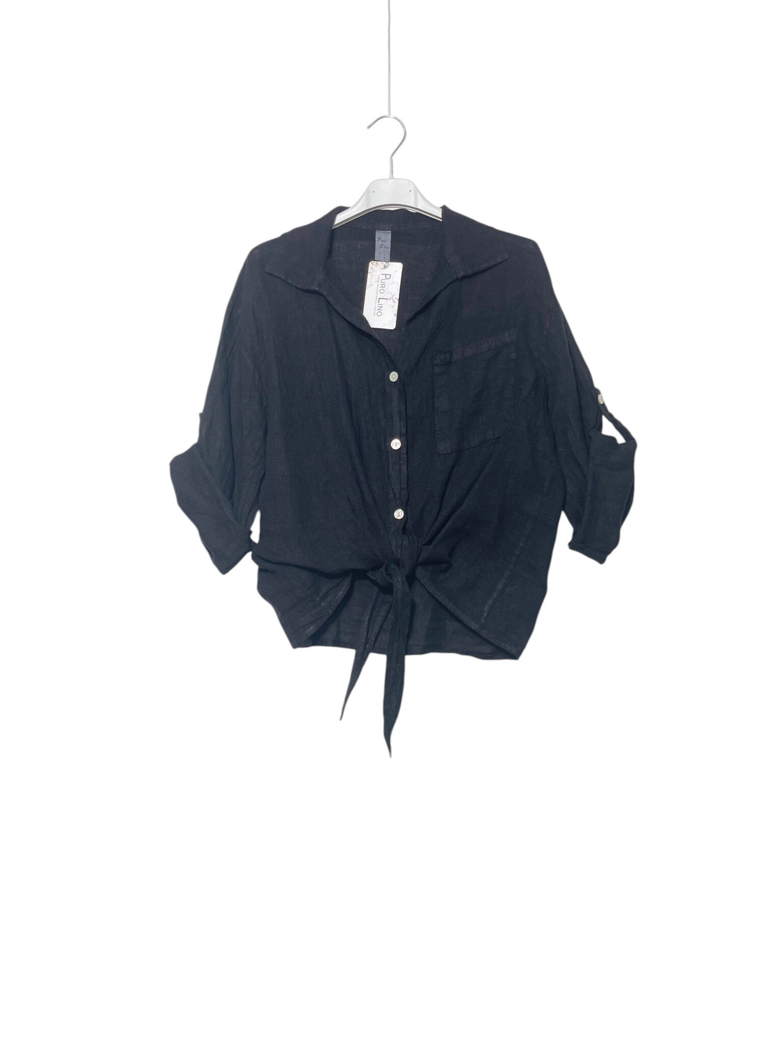 Mayorista Elegance - Camisa de lino puro con bolsillo delantero y lazo