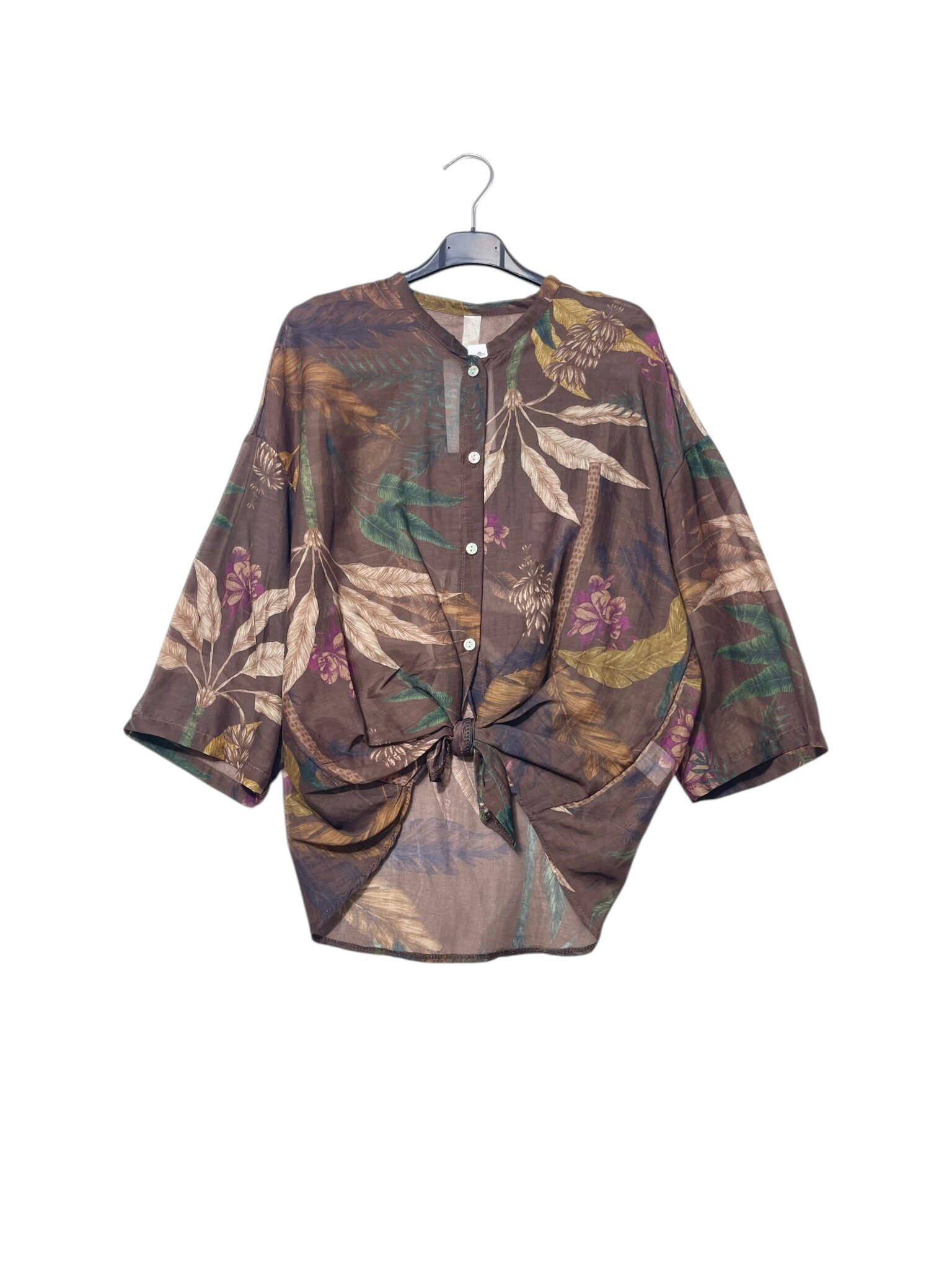 Mayorista Elegance - Camisa de mezcla de seda con cuello mao y estampado de plantas