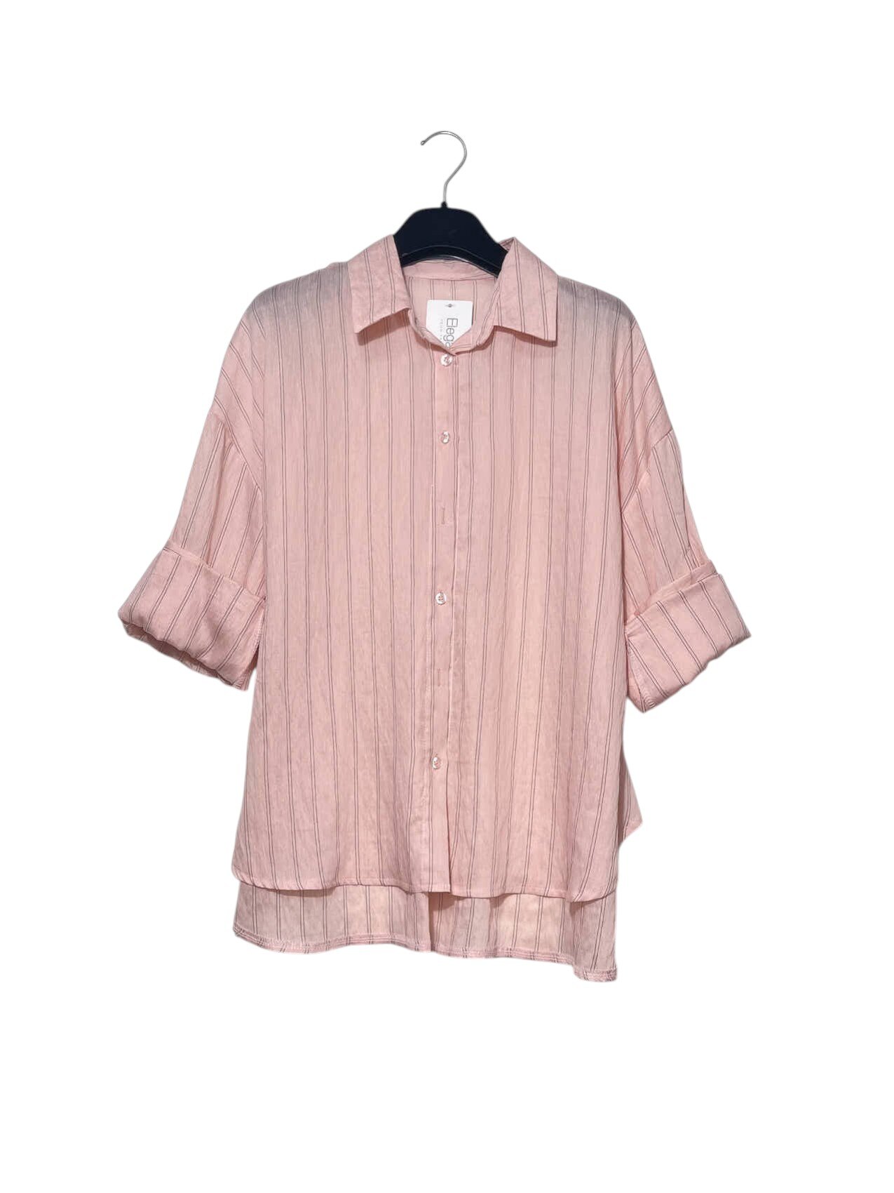 Mayorista Elegance - Camisa de mezcla de lino a rayas, corte holgado, más larga en la parte trasera