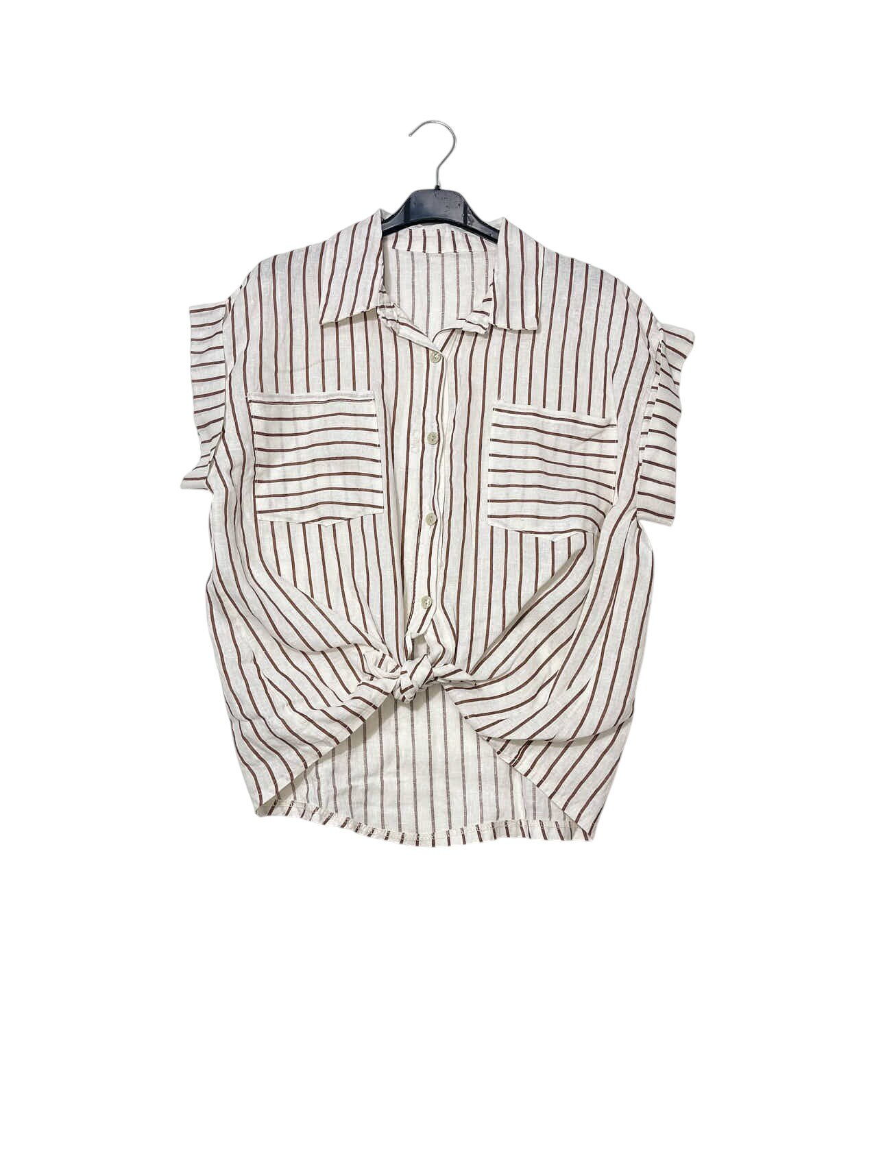Wholesaler Elegance - Short-sleeve shirt in pure striped linen, with front pockets