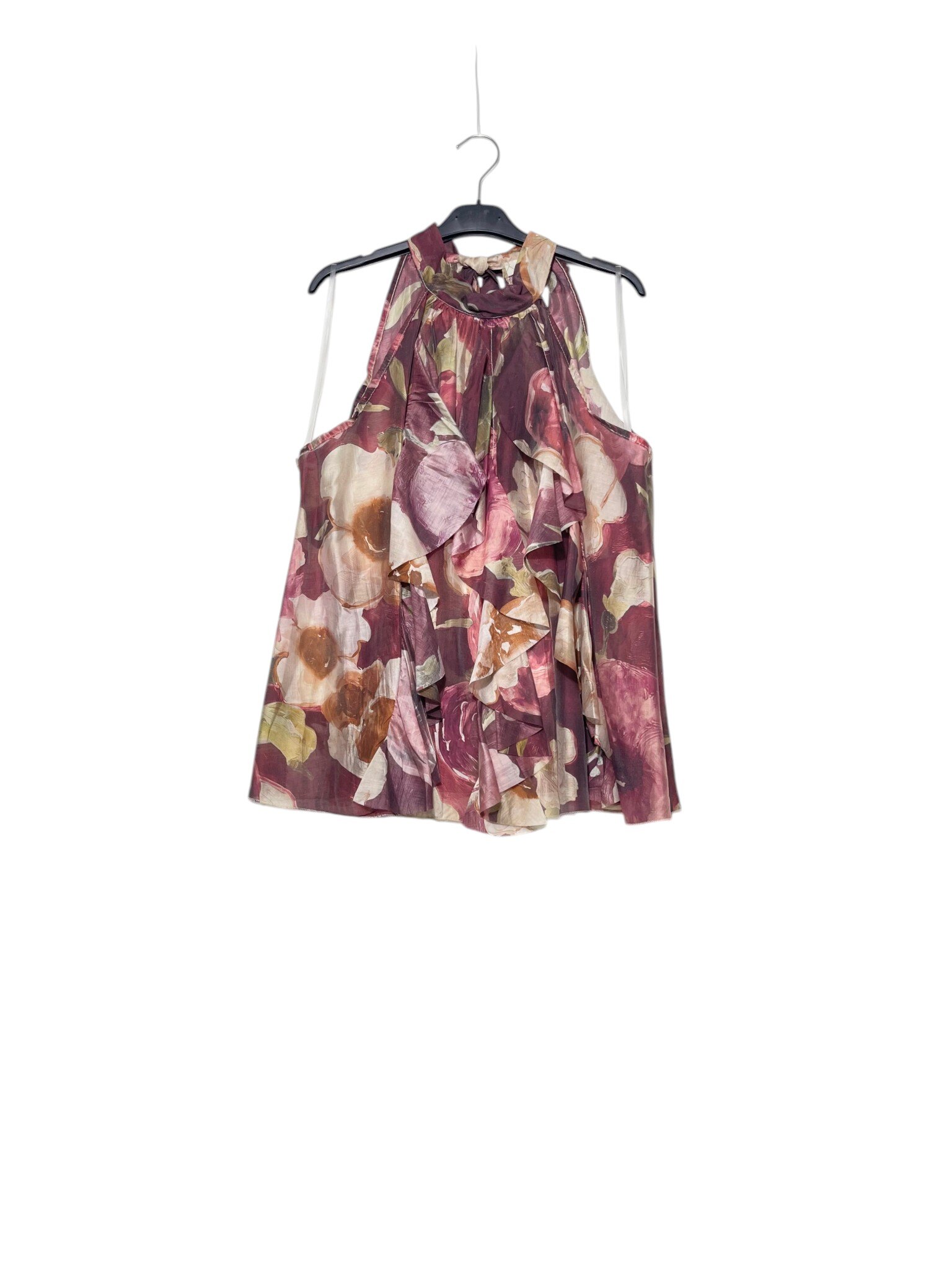 Mayorista Elegance - Camiseta de tirantes con cuello halter y volantes de estampado floral