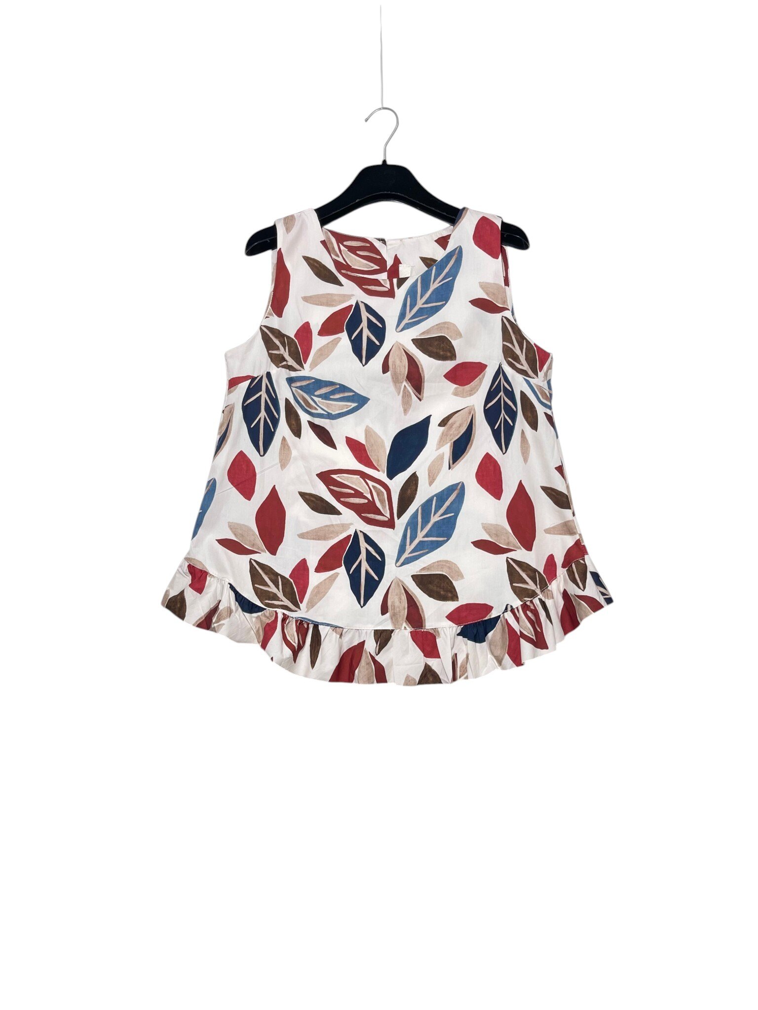 Mayorista Elegance - Camiseta sin mangas con volantes en la parte inferior, botón en la parte trasera con estampado de hojas