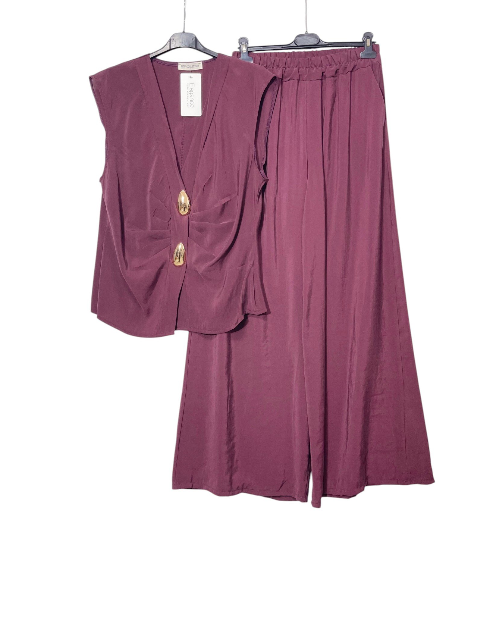 Großhändler Elegance - Koordiniertes V-Ausschnitt-Weste mit Knöpfen, Brosche und Palazzo-Hose
