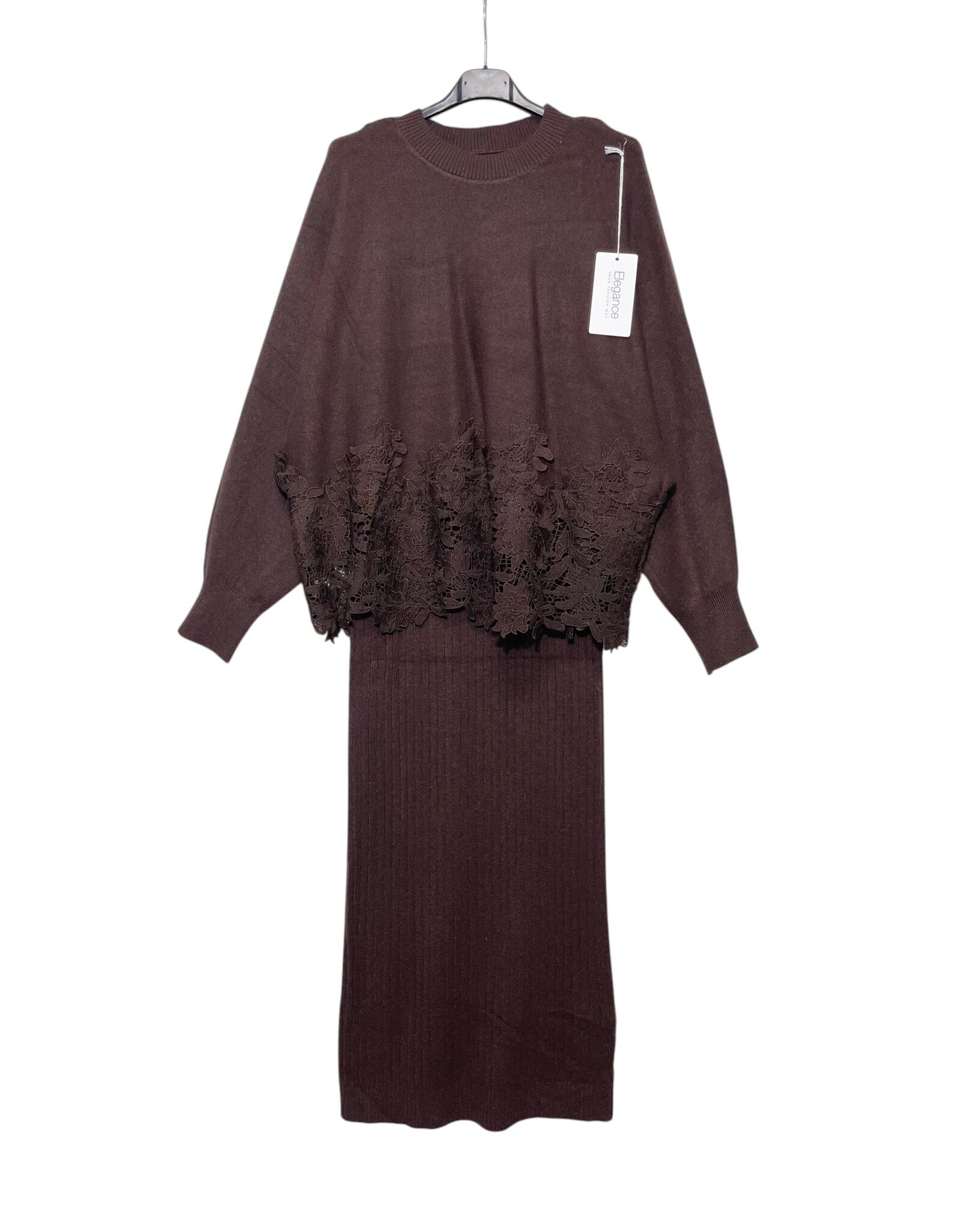 Grossiste Elegance - Ensemble pull chauve-souris avec dentelle et robe côtelée
