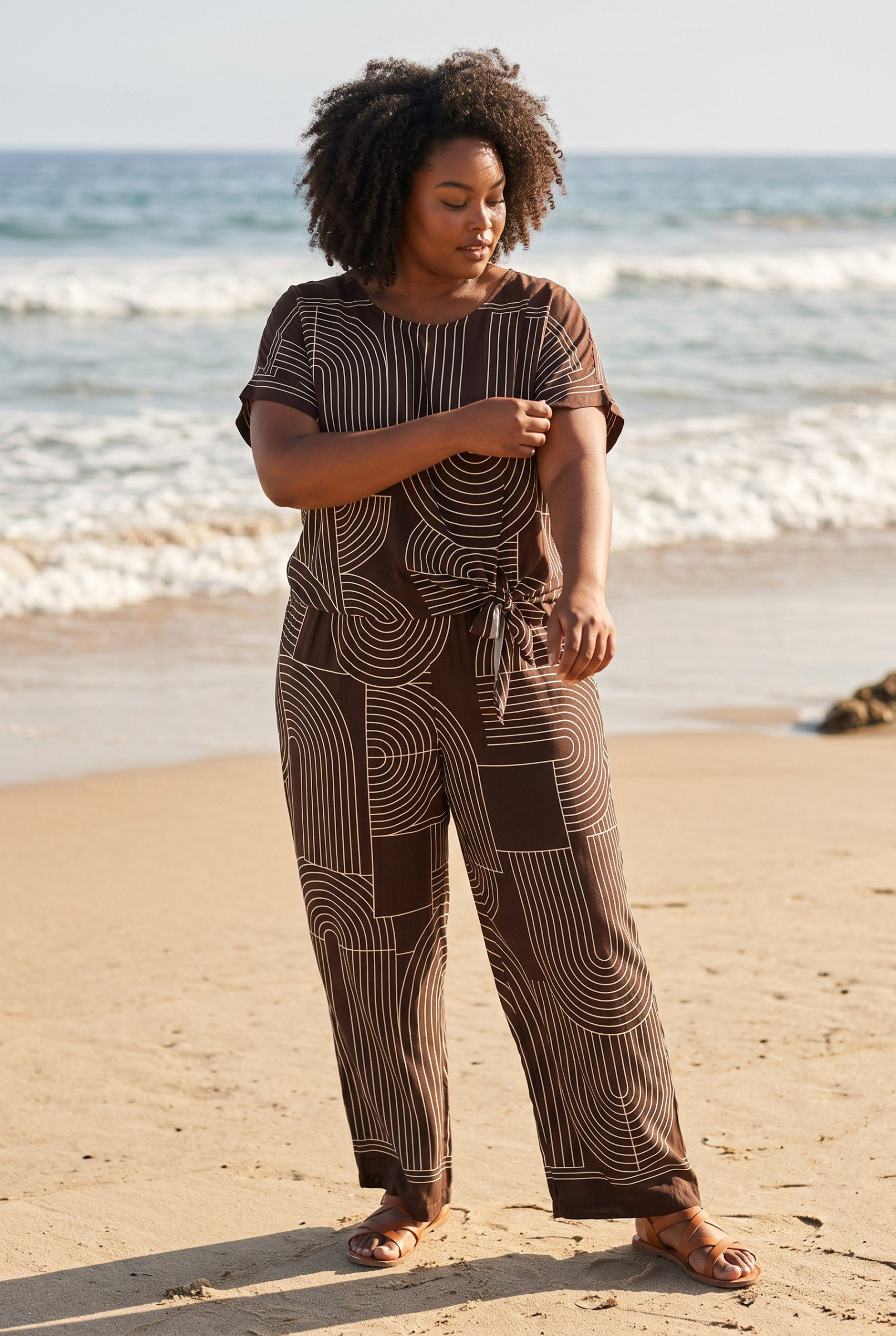Mayorista Elegance - Conjunto talla grande en punto de pura viscosa con nudo y pantalón