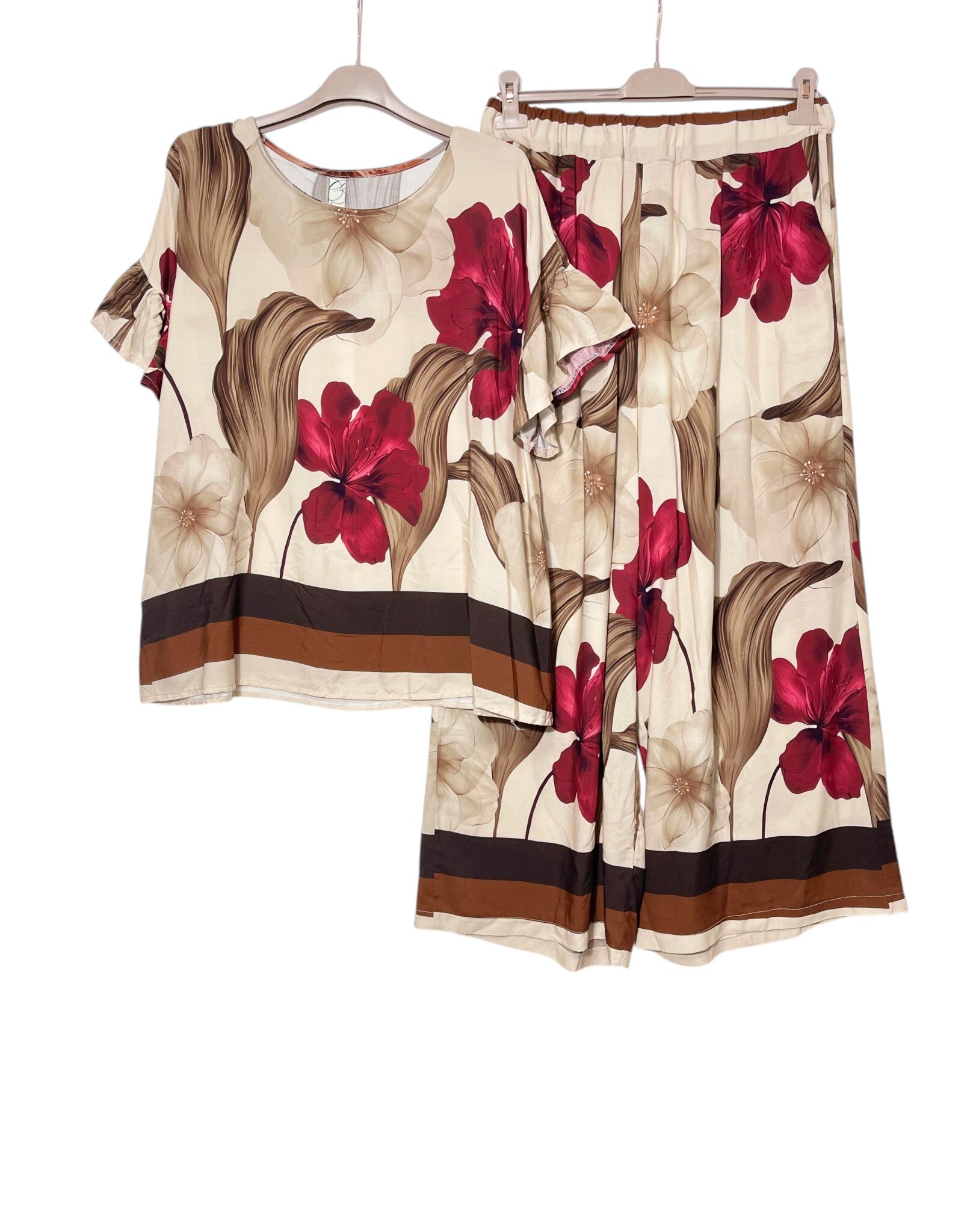 Grossiste Elegance - Ensemble grande taille pull et pantalon imprimé grandes fleurs