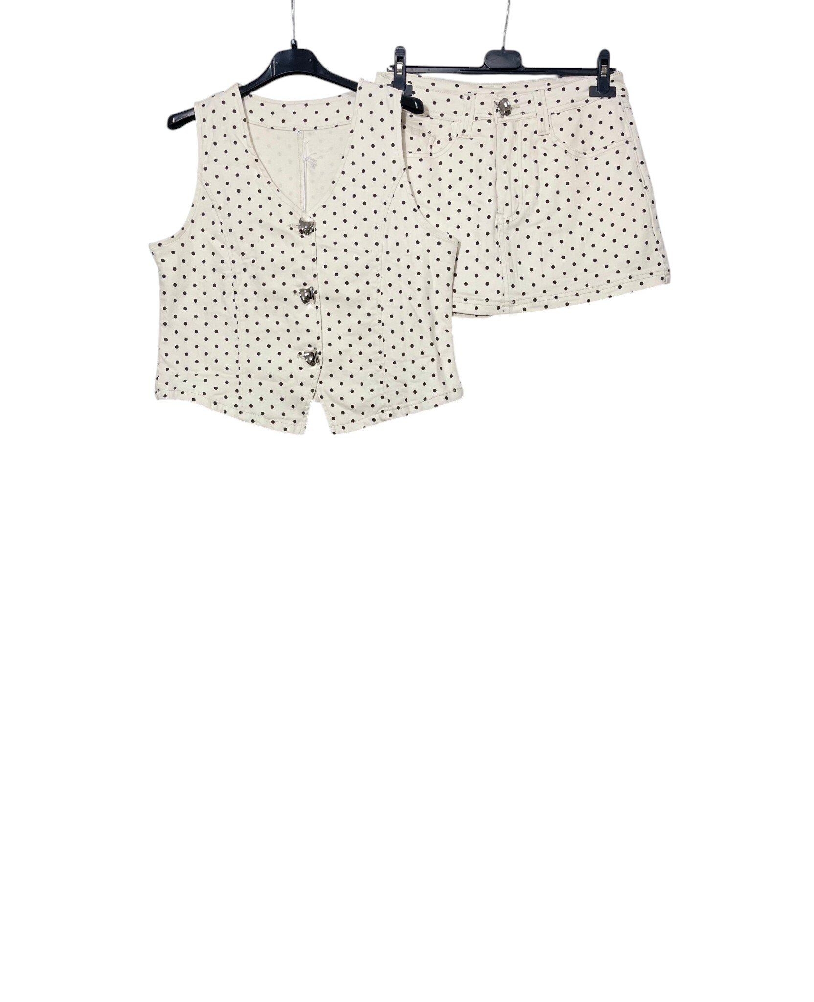 Mayorista Elegance - Conjunto de chaleco de mezclilla con lunares y shorts de mezclilla con lunares