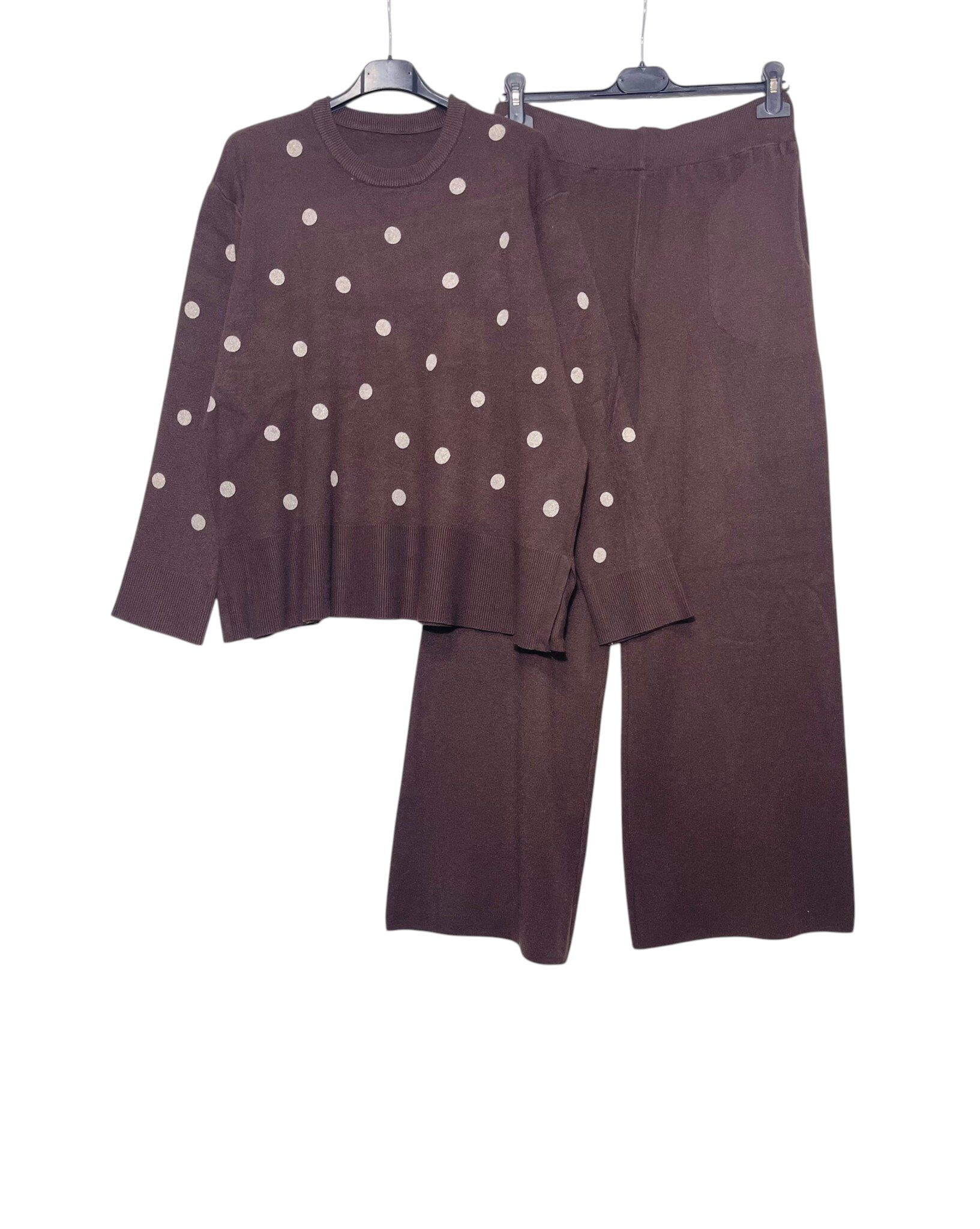 Grossiste Elegance - Ensemble pull oversize à pois avec fente et pantalon palazzo