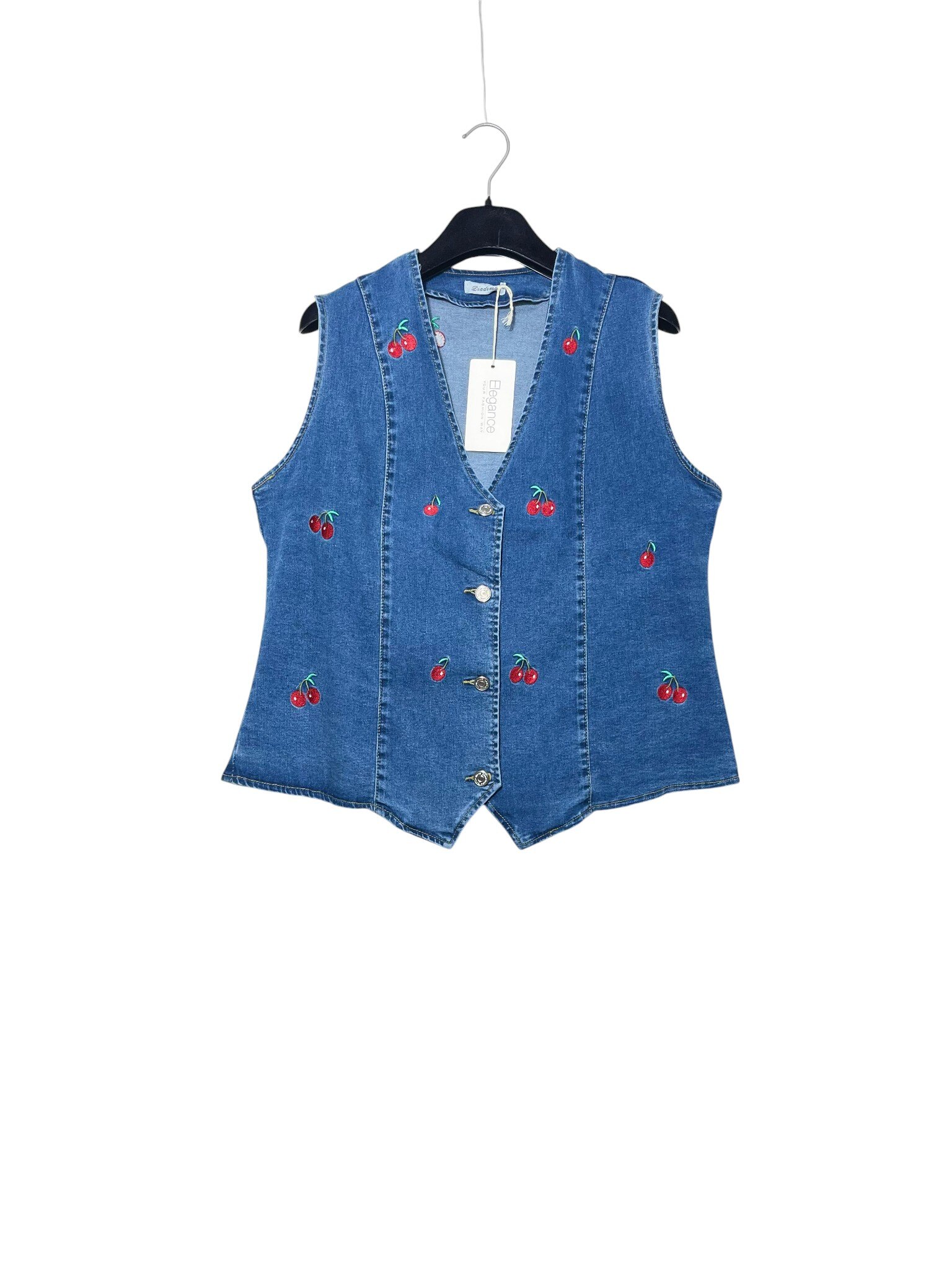 Grossista Elegance - Gilet big size in jeans con ciliegine ricamate