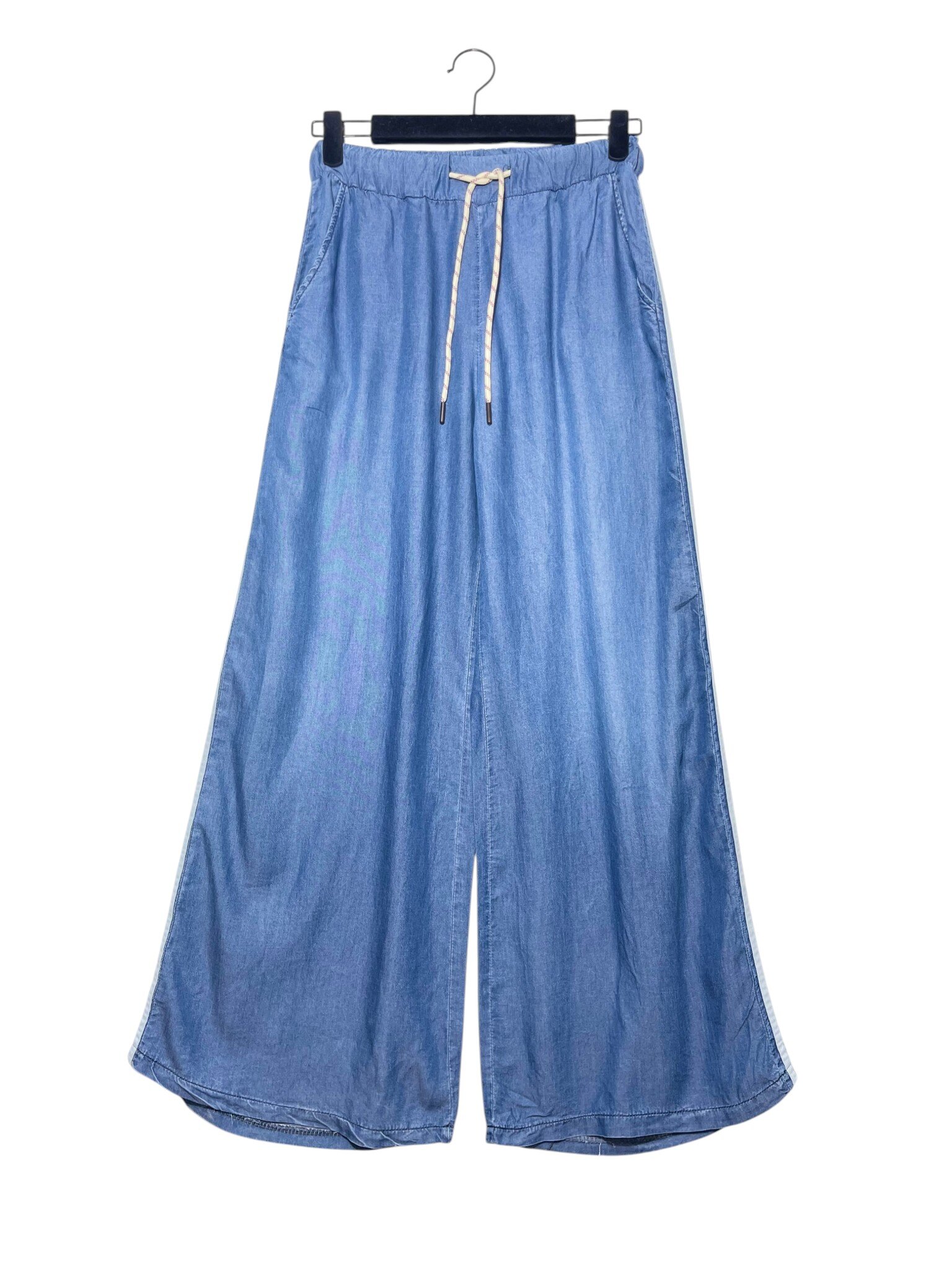 Mayorista Elegance - Jeans palazzo anchos con paneles laterales, cintura elástica y cordón ajustable