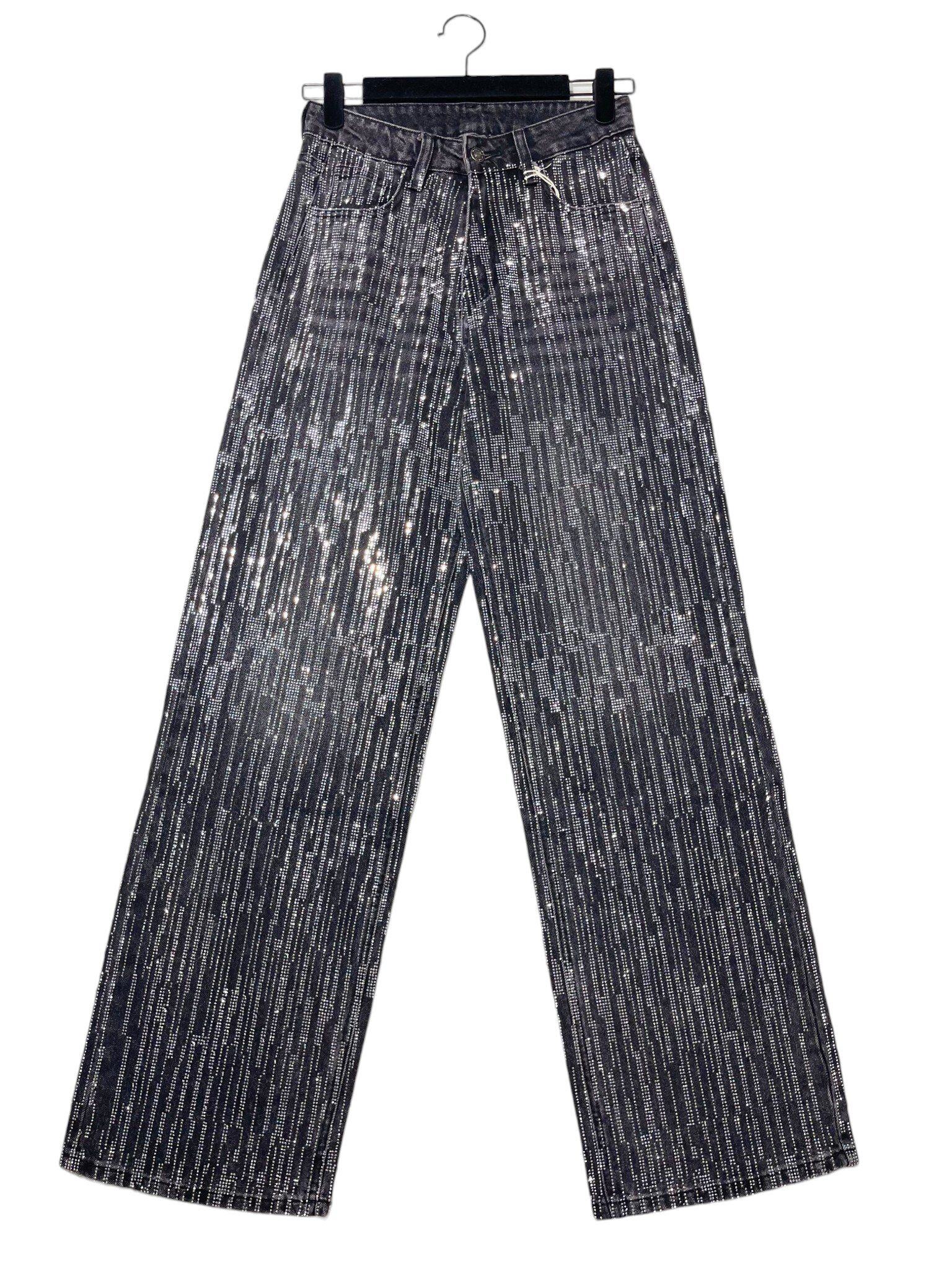 Grossiste Elegance - Jean palazzo avec bandes de strass devant et derrière