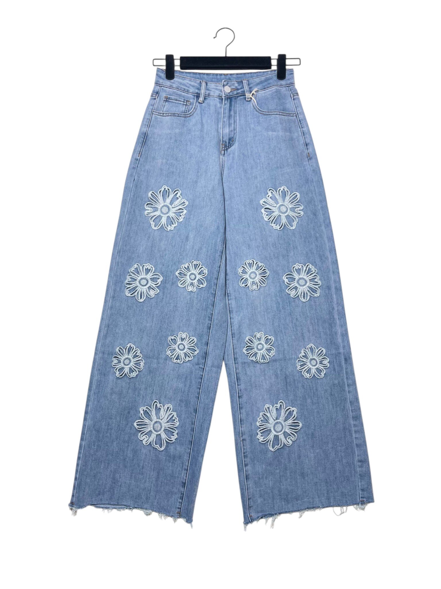 Grossiste Elegance - Pantalon en denim palazzo avec broderies de fleurs ajourées