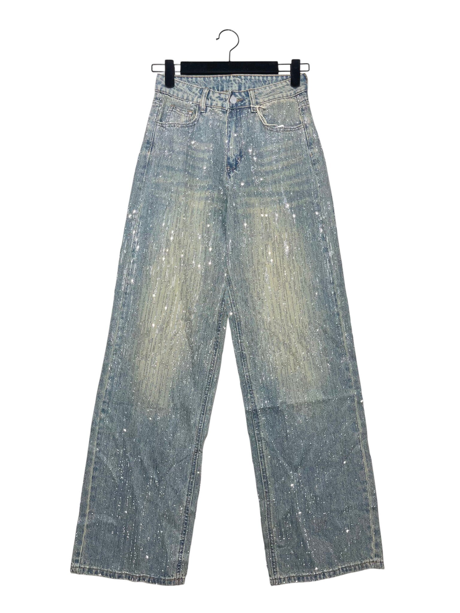 Wholesaler Elegance - Palazzo jeans with rhinestone stripes on the front and back