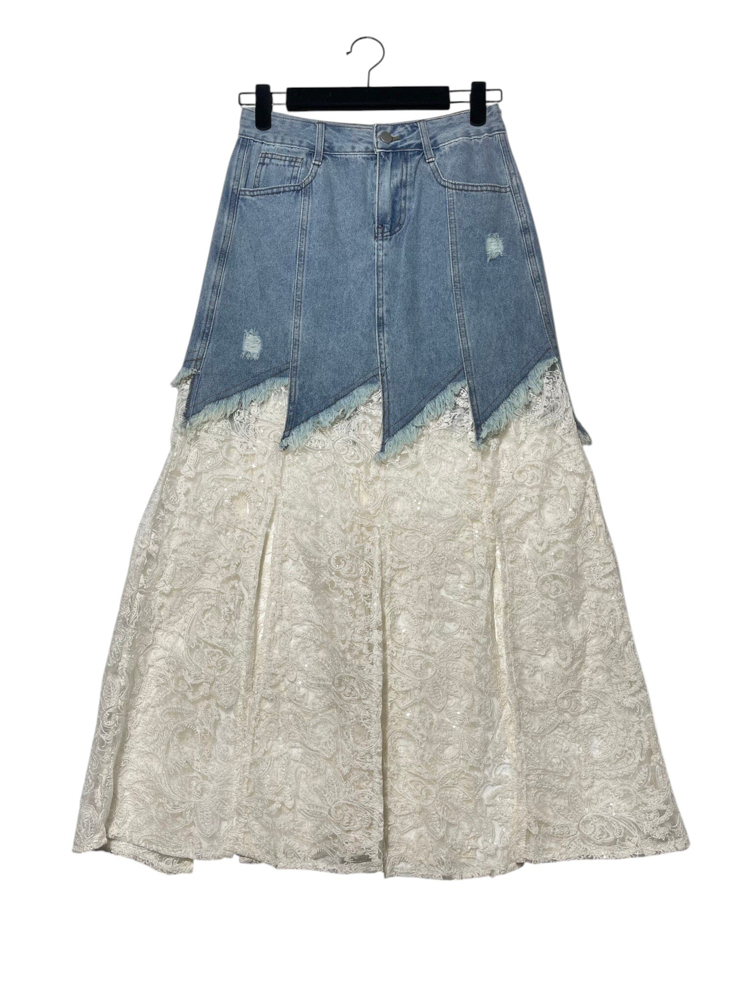 Wholesaler Elegance - Denim skirt with eyelet lace inserts and inner slits