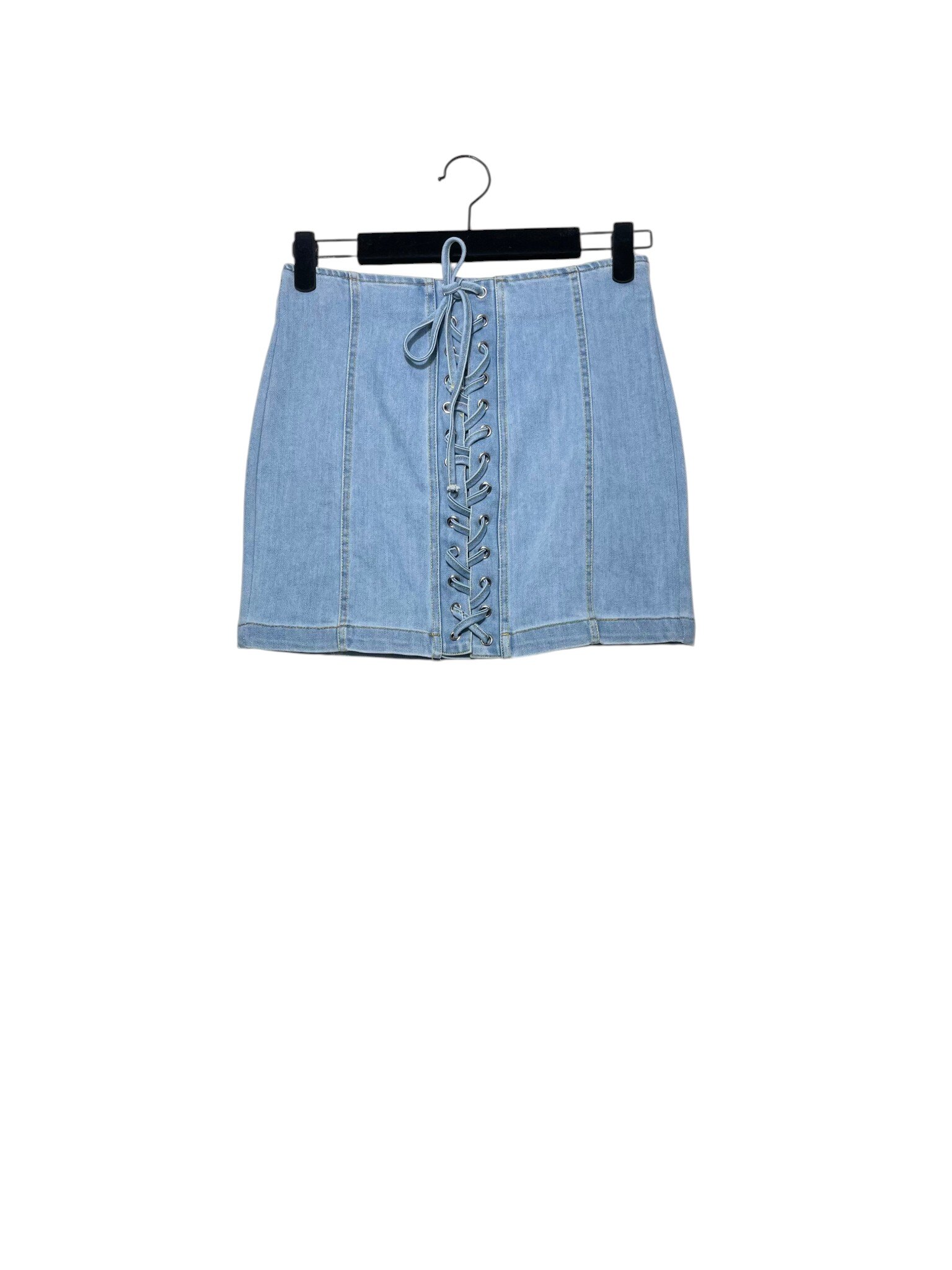 Wholesaler Elegance - Denim mini skirt with front laces, zipper at the back