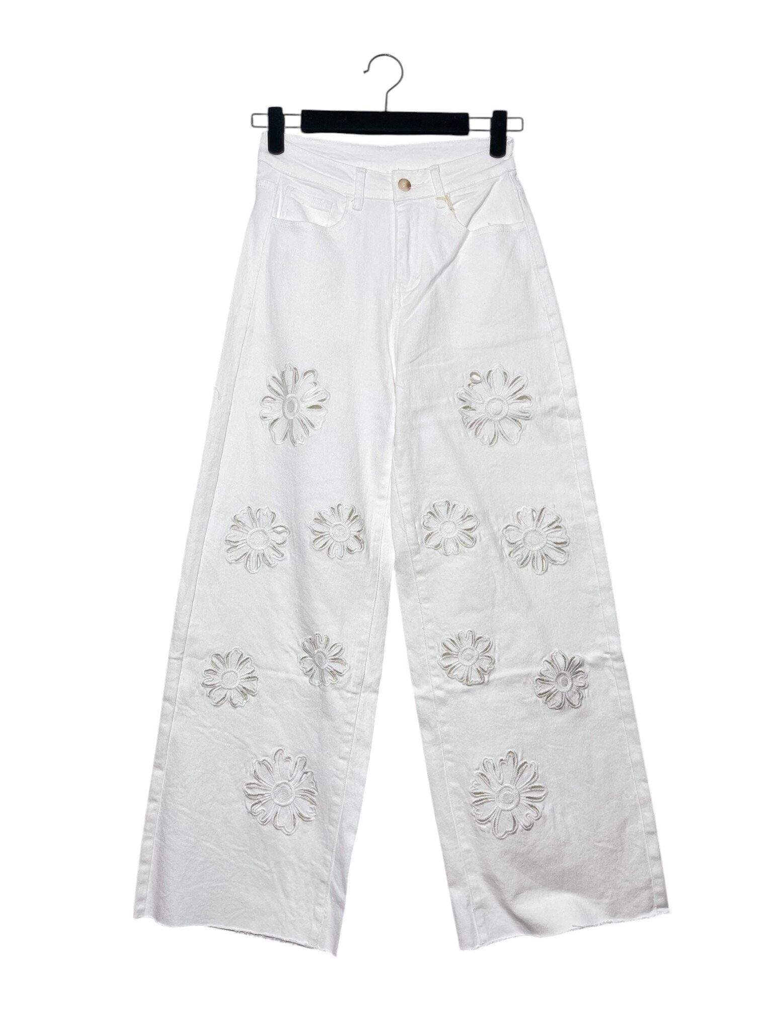 Wholesaler Elegance - Palazzo denim pants with cut-out floral embroidery