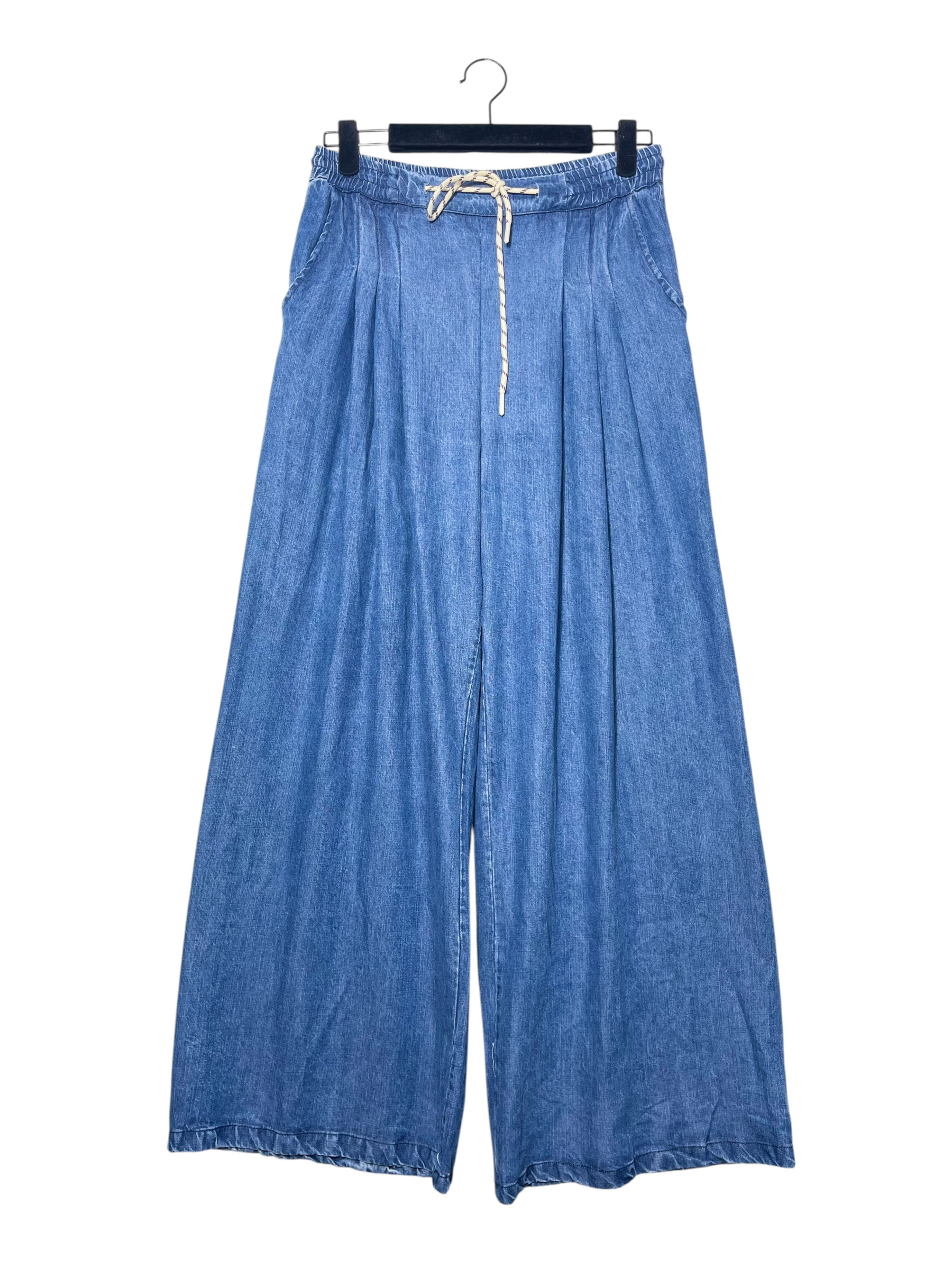 Grossiste Elegance - Pantalon palazzo large en chambray avec pinces et cordon de serrage
