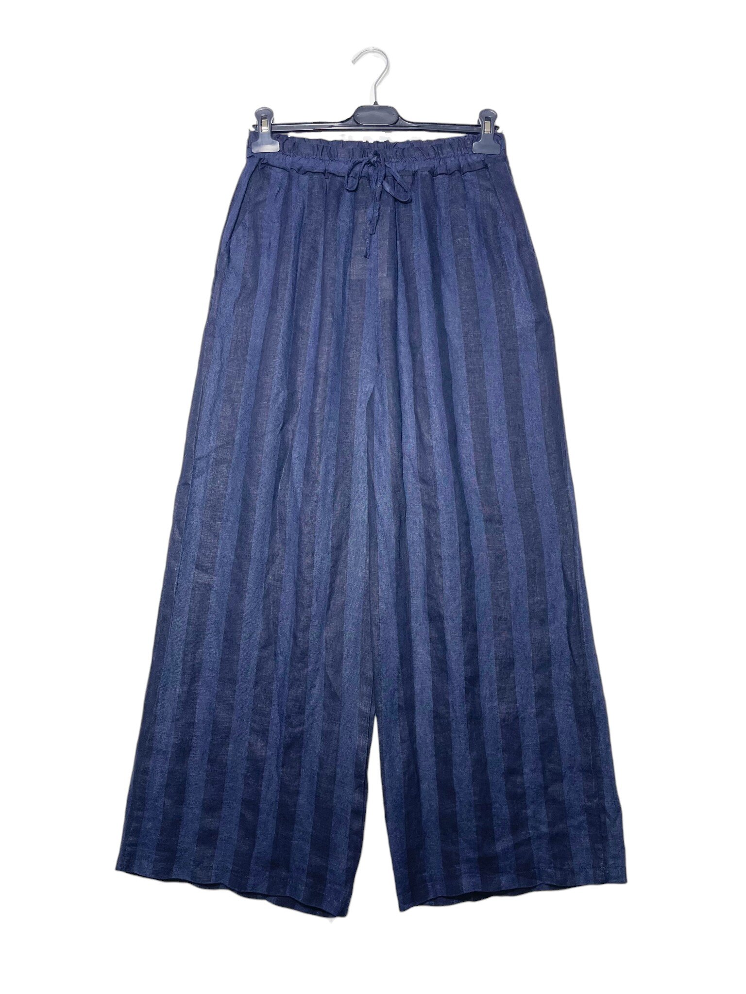Wholesaler Elegance - Pure linen wide-leg pants with bold stripes, featuring a drawstring