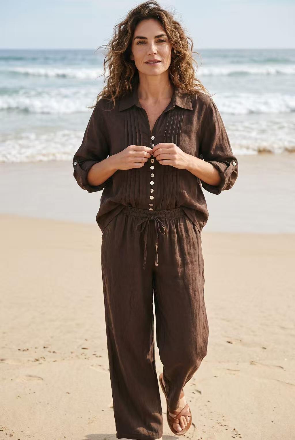 Wholesaler Elegance - Pure linen palazzo pants with drawstring (fits up to size 48)