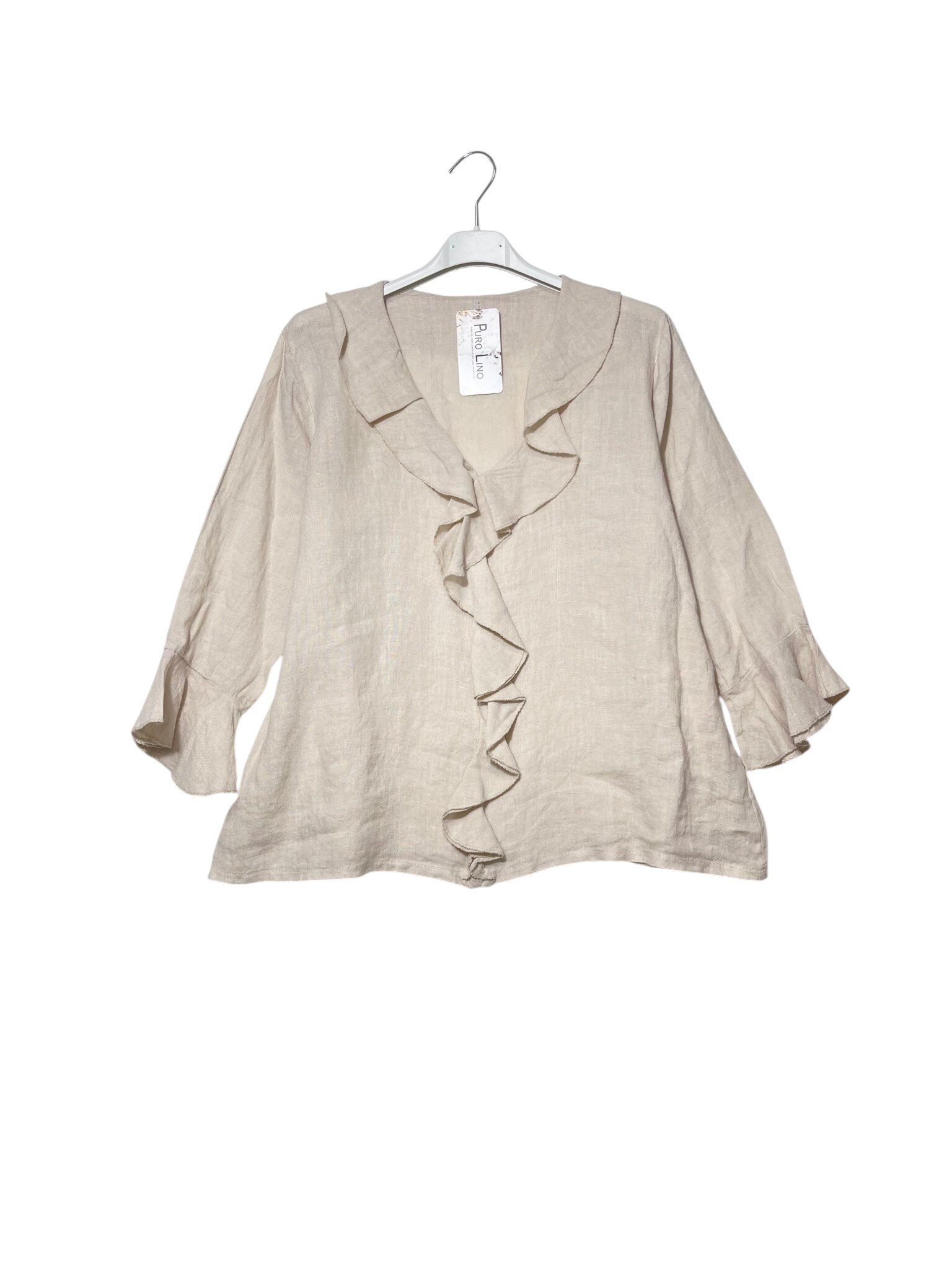Mayorista Elegance - Jersey de lino con cuello en V y volantes en el frente y las mangas