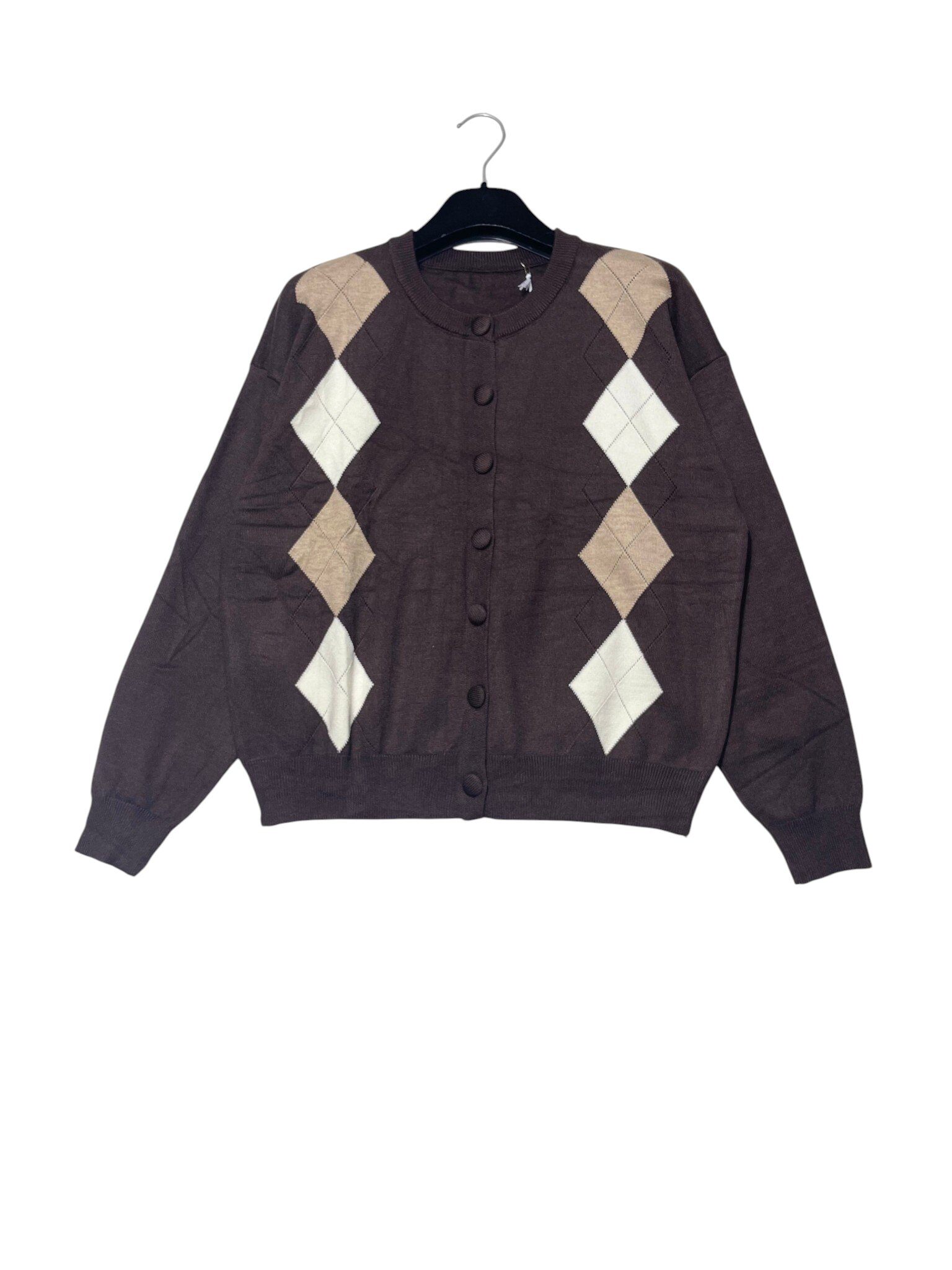 Wholesaler Elegance - Crew neck argyle cardigan with covered buttons