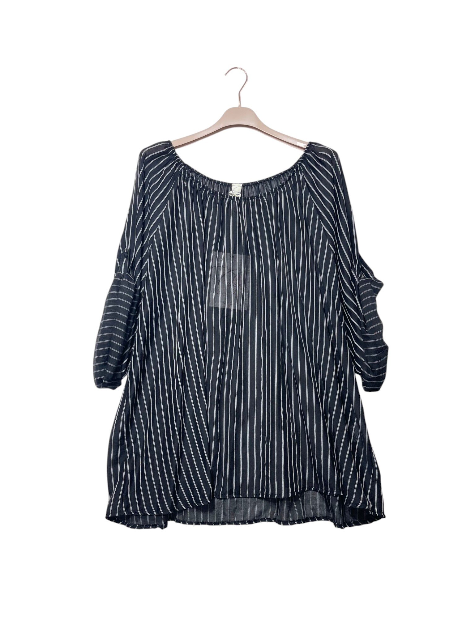 Mayorista Elegance - Blusa larga de talla grande a rayas con escote fruncido elástico
