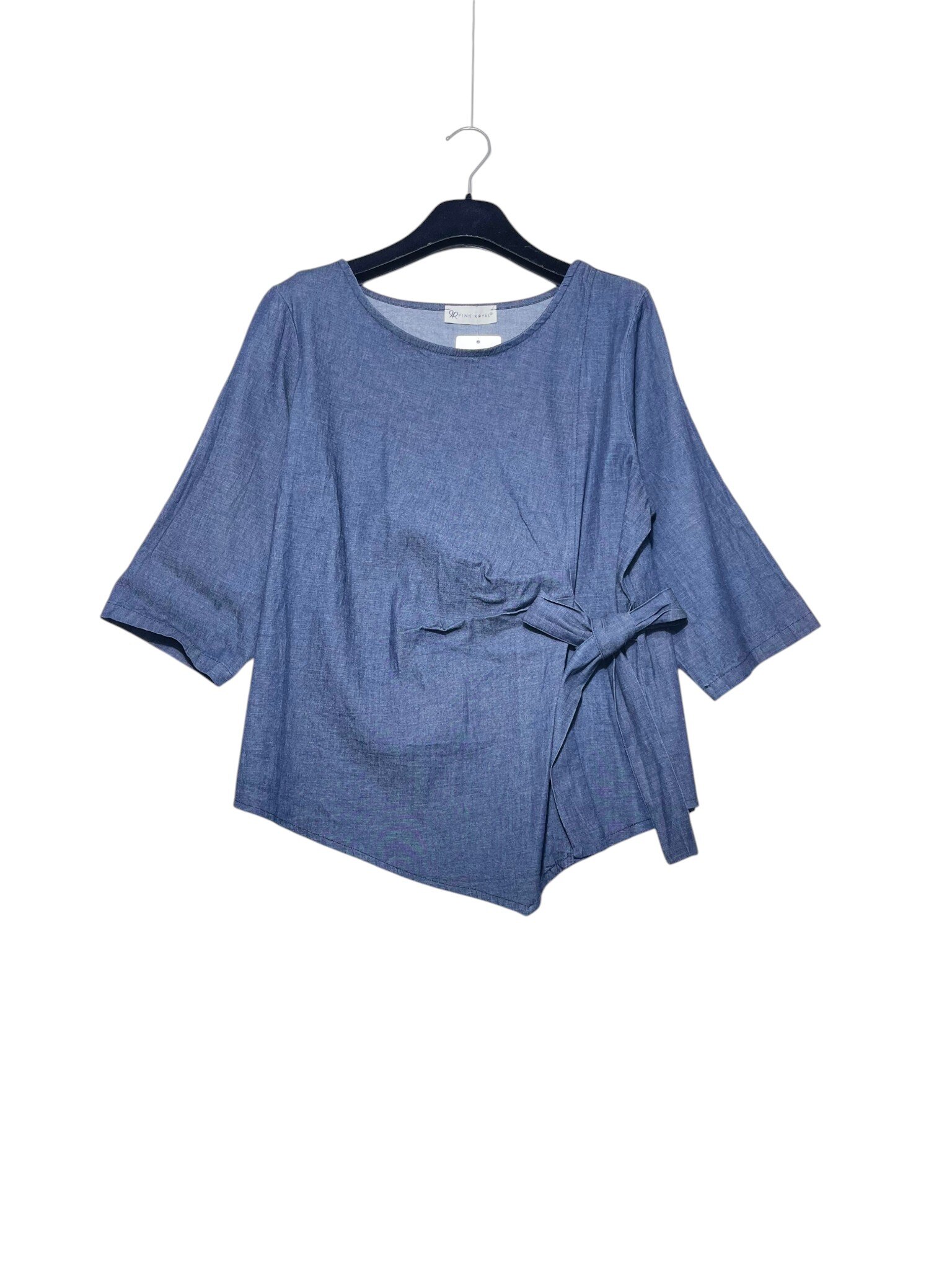 Grossista Elegance - Maglietta girocollo in jeans leggero con fiocco laterale