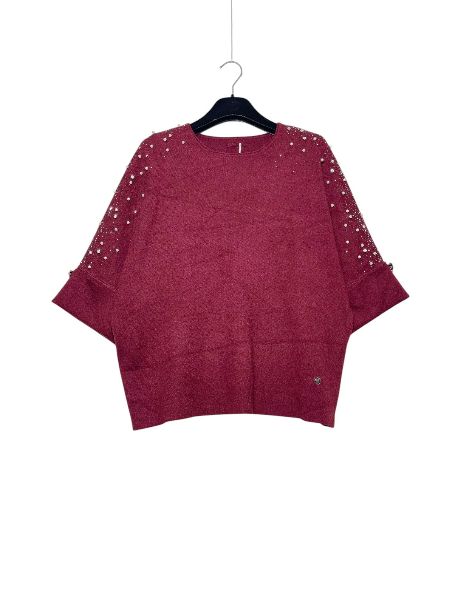 Wholesaler Elegance - Oversized sweater with three-quarter sleeves featuring applied rhinestones and pearls