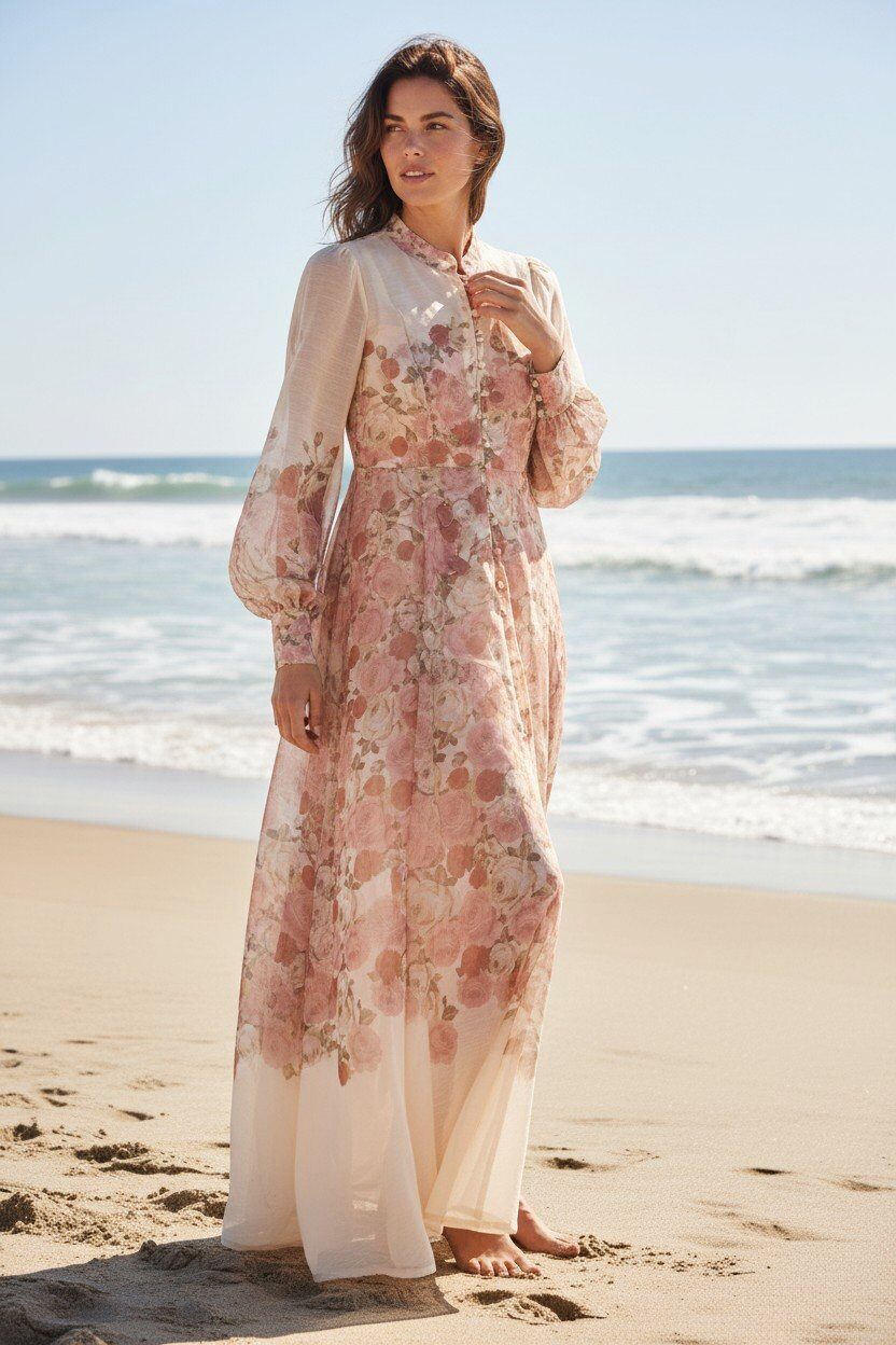 Mayorista Elegance - Vestido largo camisero de mezcla de seda con flores y pétalos aplicados, con cinturón y bolsillos