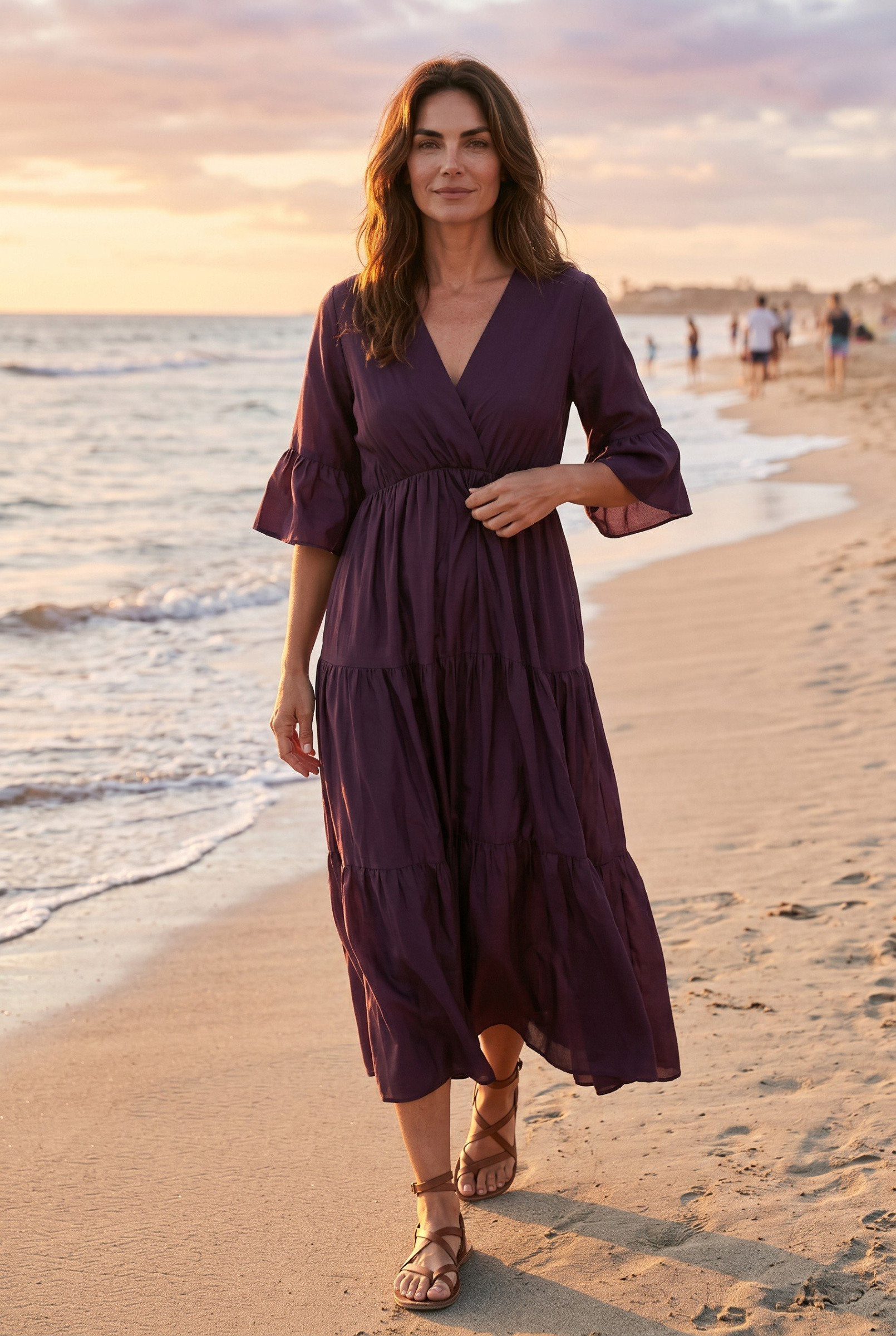 Wholesaler Elegance - Long dress with ruffles, V-neckline, and flutter sleeves