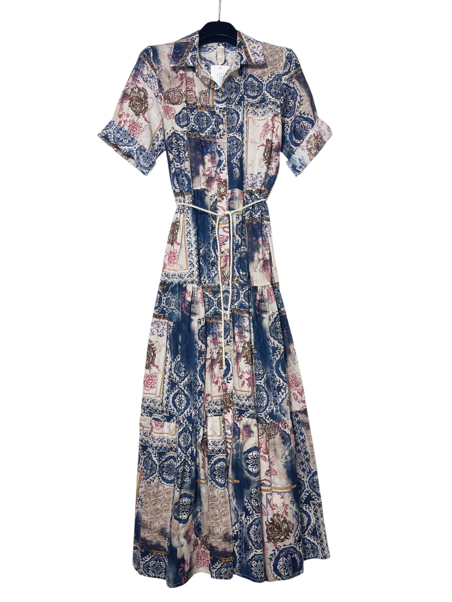 Mayorista Elegance - Vestido camisero con volantes y cinturón, estampado geométrico