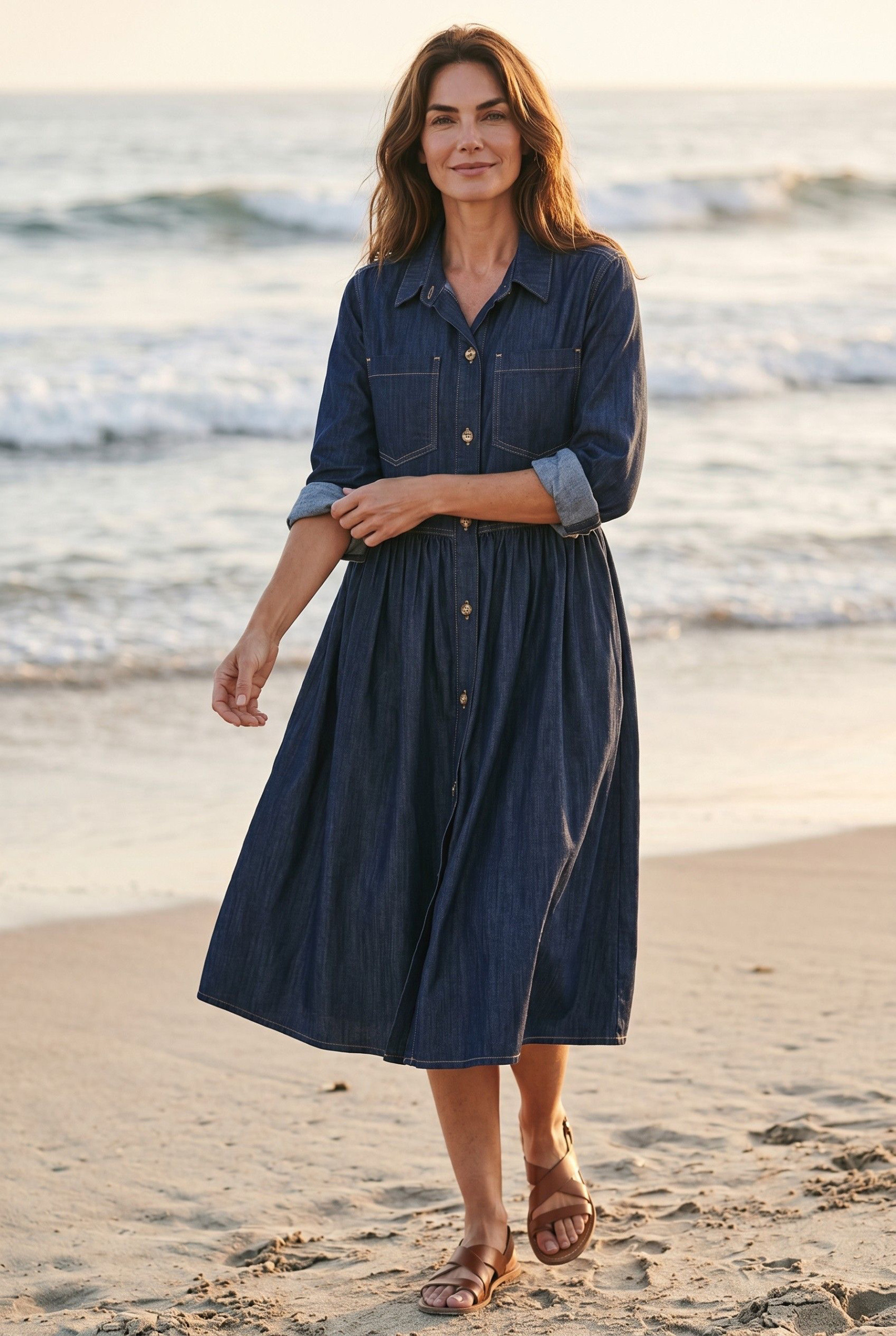Wholesaler Elegance - Lightweight denim shirt dress with front pockets